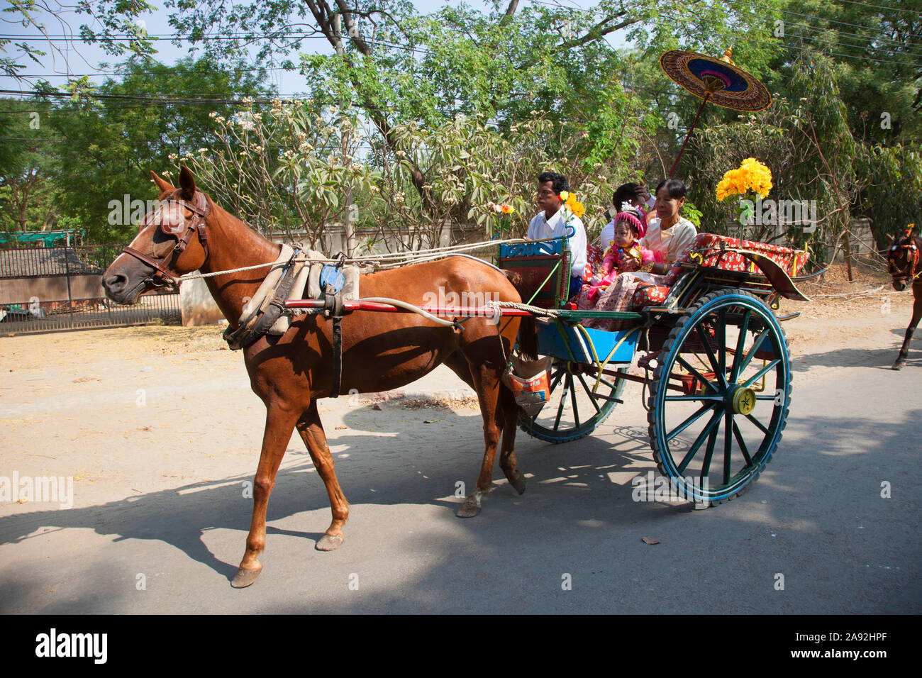 Parade der Initiation der Kinder zum Buddhismus, Karre mit Pferd fest angezogen, Nyaung U Dorf, Mandalay, Myanmar, Asien Stockfoto