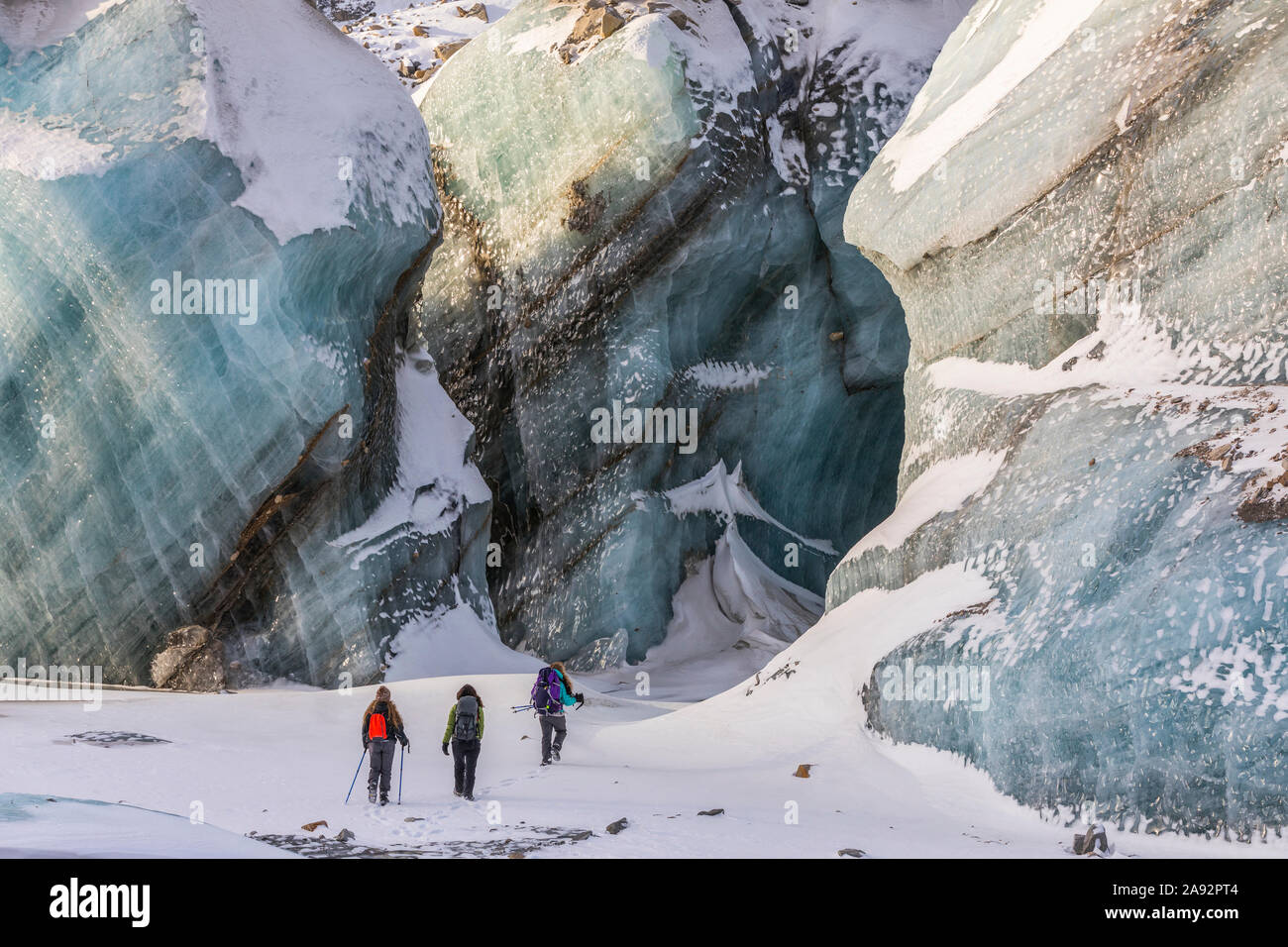 Winterwanderer erkunden den Black Rapids Glacier; Alaska, USA Stockfoto