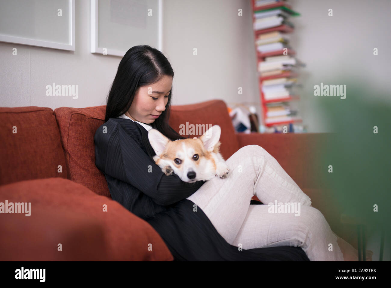 Junge Frau mit Hund Stockfoto