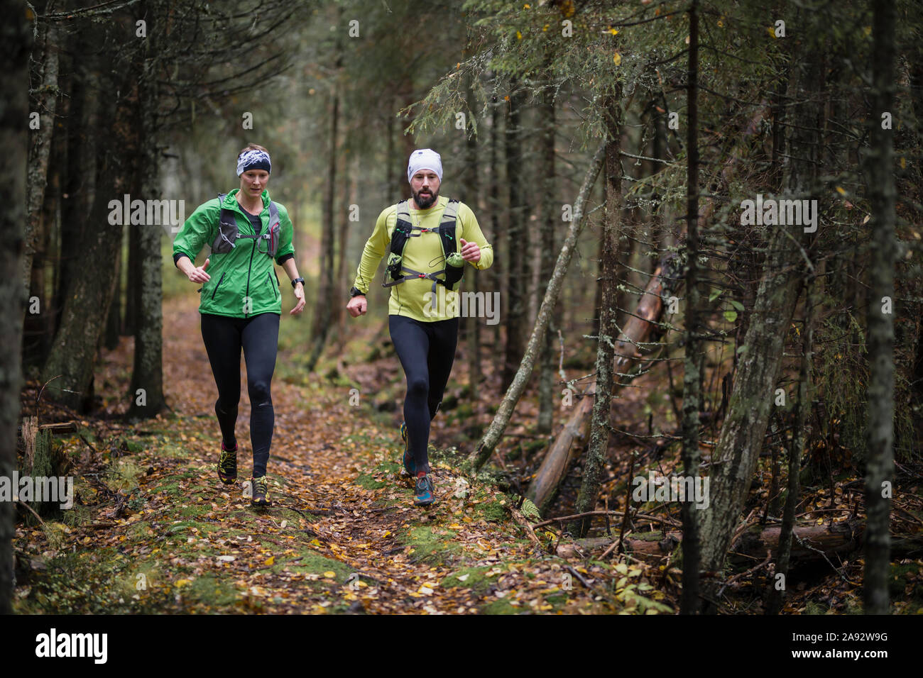 Mann und Frau im Wald laufen Stockfoto