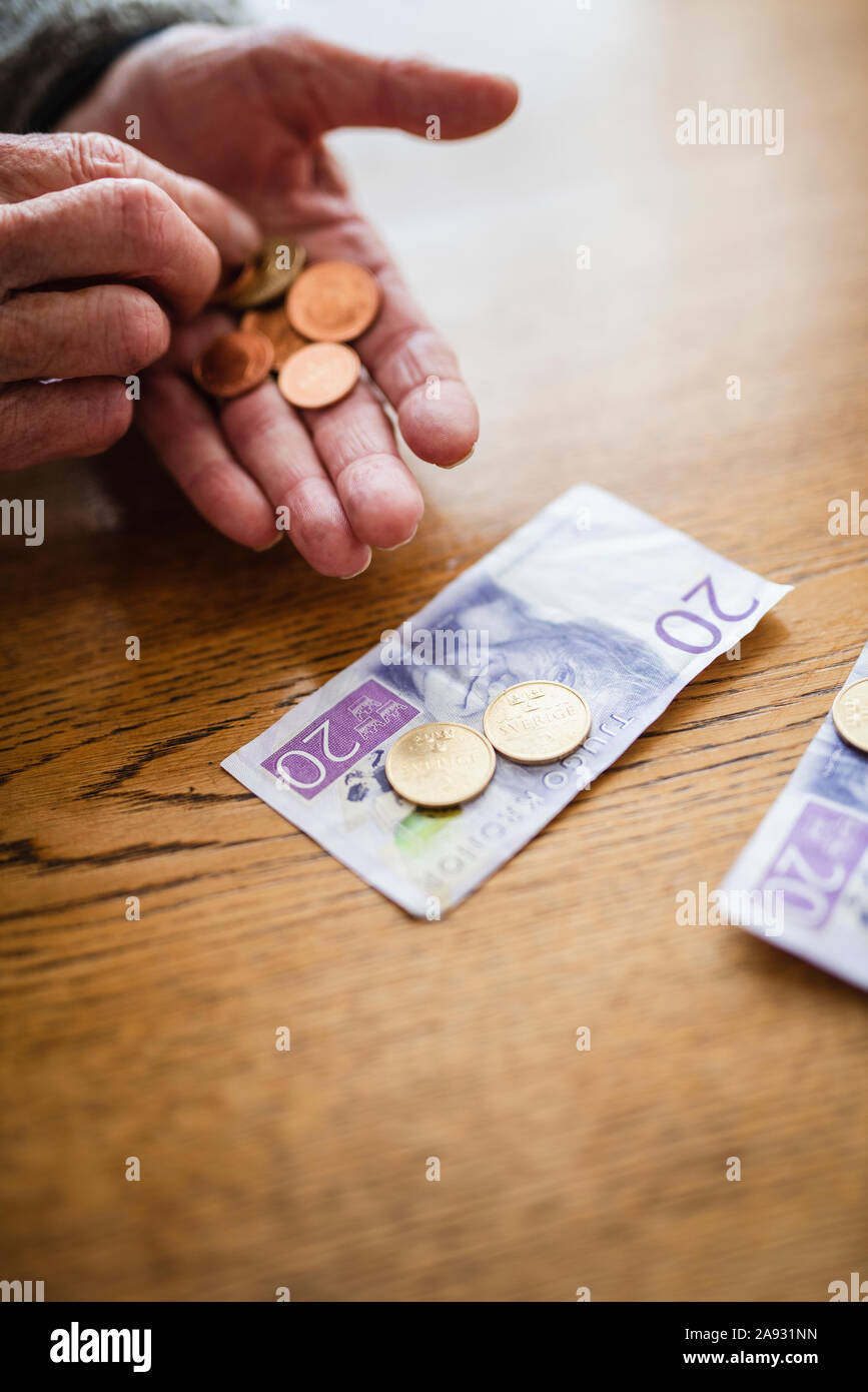 Hände, die Euro-Banknoten und -Münzen Stockfoto