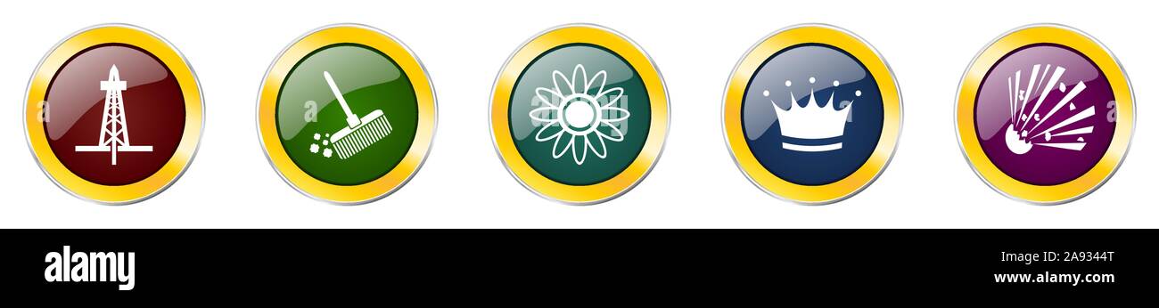 Set aus bunten Web glänzend Vector Icons, Öl, Gas, Pinsel und Krone Schaltflächen in eps 10 für Webdesign und mobile Anwendungen auf weißem Hintergrund Stock Vektor