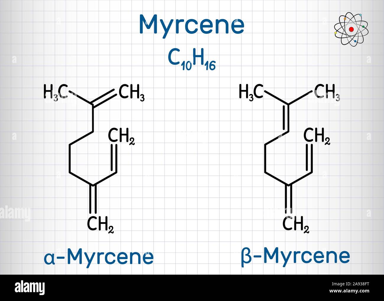 Myrcen, beta und alfa Myrcen Molekül, ist ein Olefinische natürlichen organischen Kohlenwasserstoffen, monoterpen. Strukturelle chemische Formel. Blatt Papier in einer cag Stock Vektor