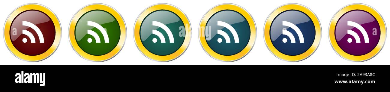 Rss-Glossy Icon Set, silber-metallic golden Vektorgrafiken in 6 Optionen für Web Design und mobile Anwendungen Stock Vektor