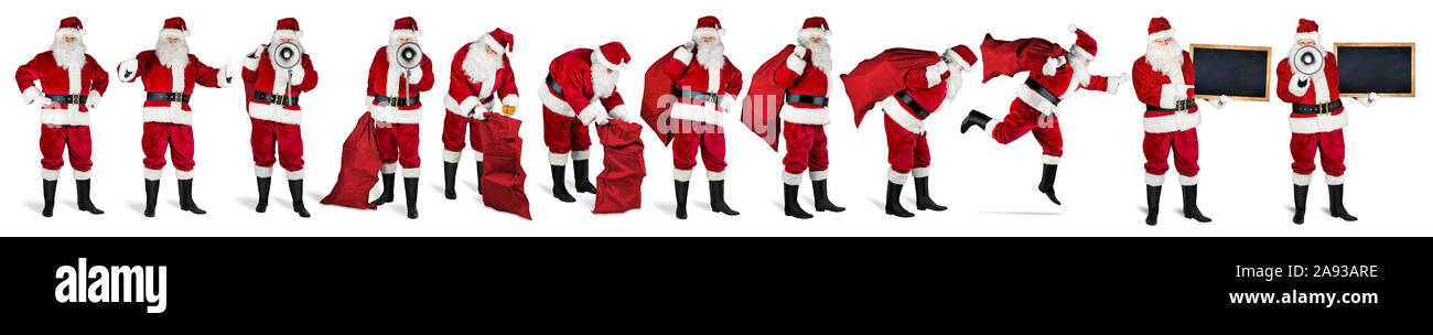 Traditionelle klassische Red santa claus Set Sammlung mit verschiedenen Posen megaphon megafon Jute-tasche und blackboard Situationen lustig auf Weiß isoliert Stockfoto