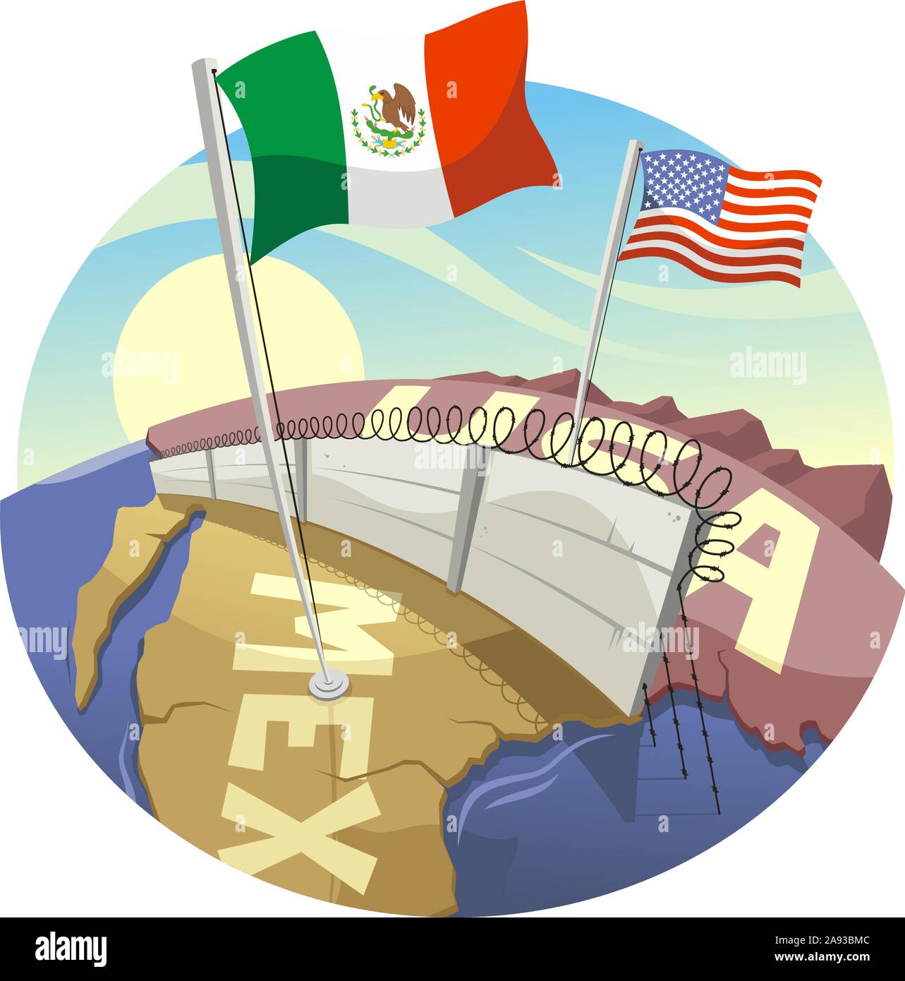 Cartoon Mauer zwischen den USA und Mexiko. Stock Vektor