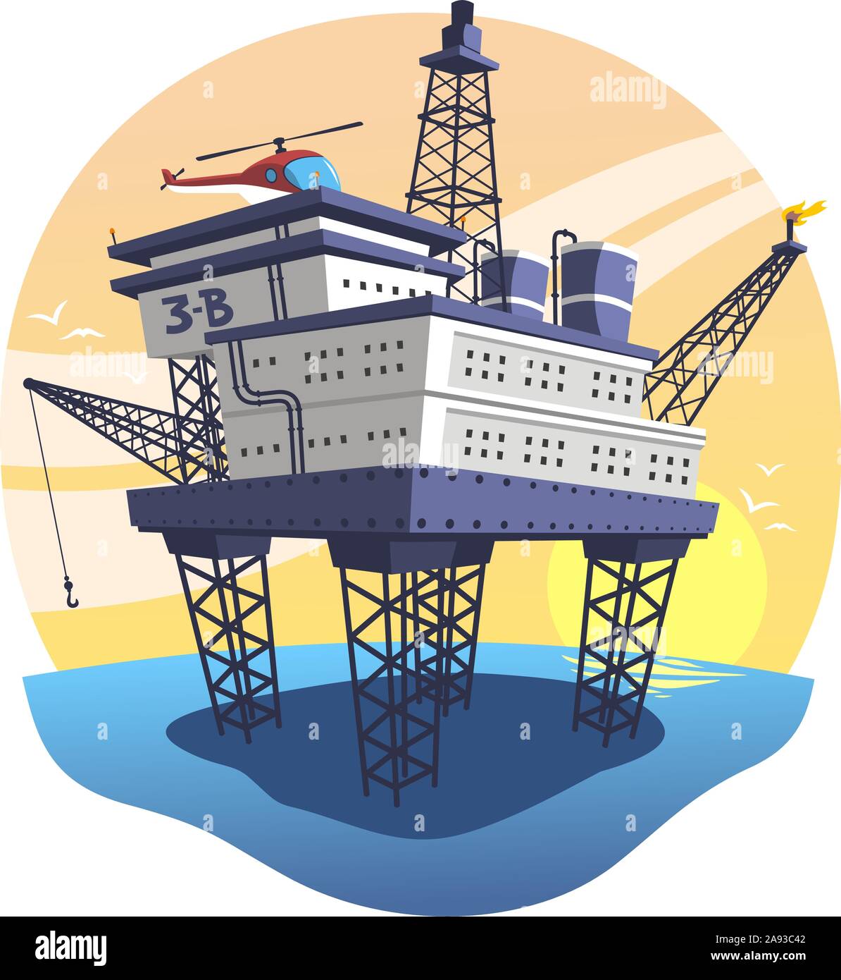 Öl Plattform schweben über dem Meer mit Hubschrauber, Vector Illustration Cartoon. Stock Vektor