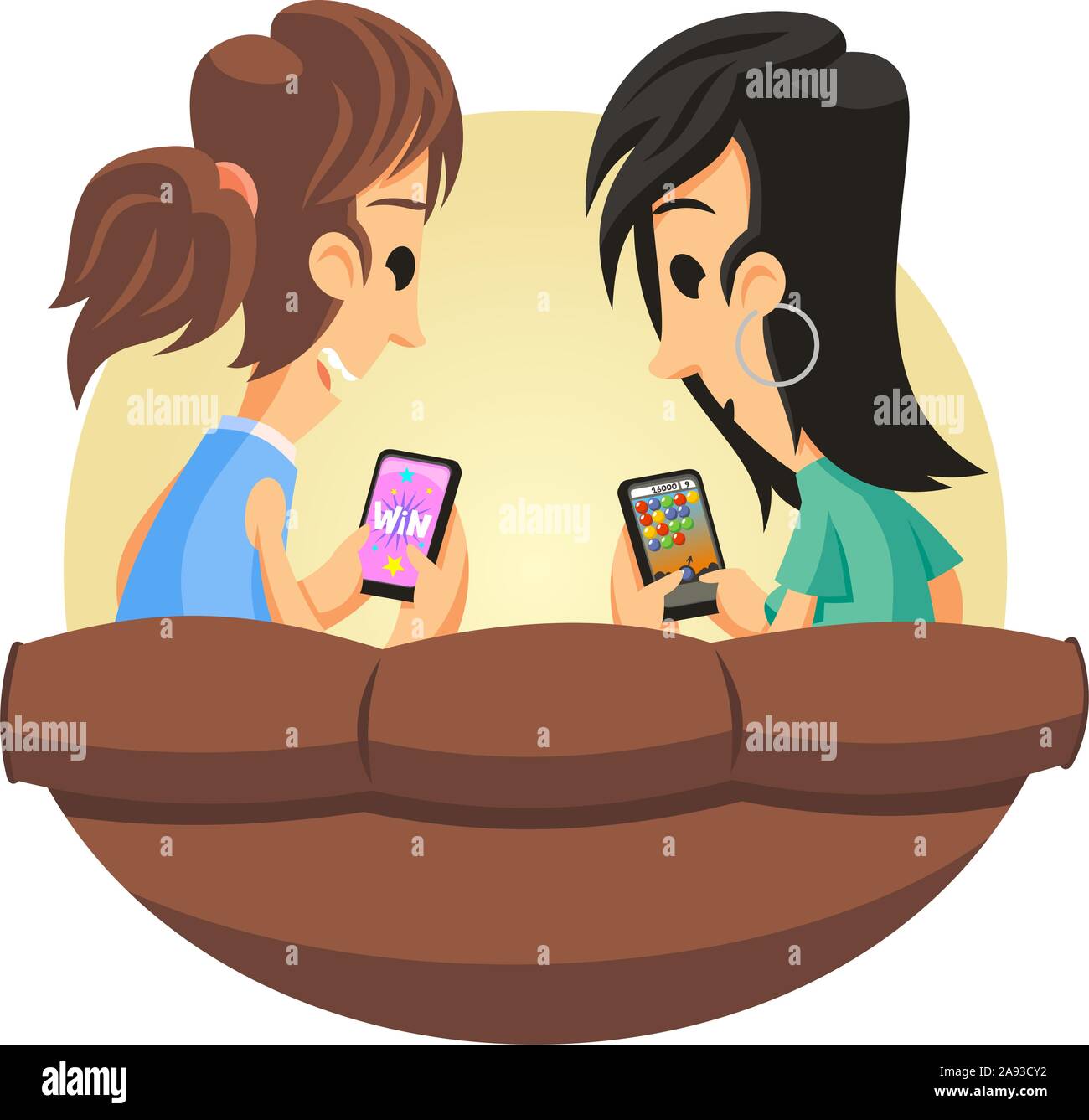 Frauen spielen auf Handy vektor Cartoon Illustration Stock Vektor