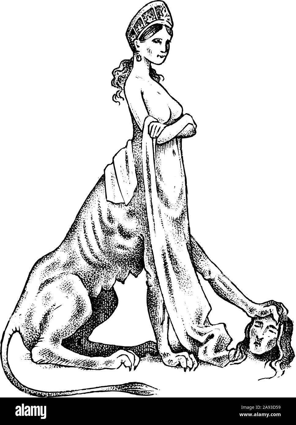 Mythischen Sphinx. Mythologisches Tier. Alte menschliche Löwe, fantastische Kreaturen in der alten Vintage Style. Graviert Hand gezeichnet alte Skizze. Stock Vektor