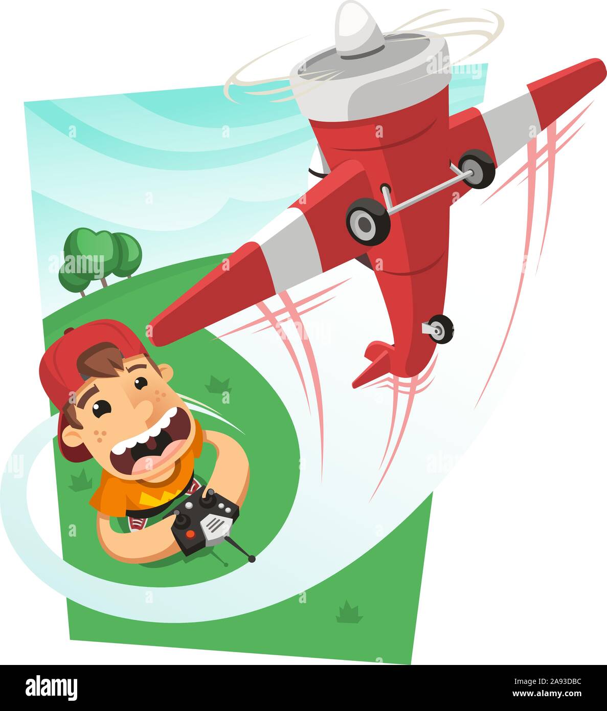 Junge spielt mit einem Radio control Flugzeug im Park, Vector Illustration Cartoon. Stock Vektor