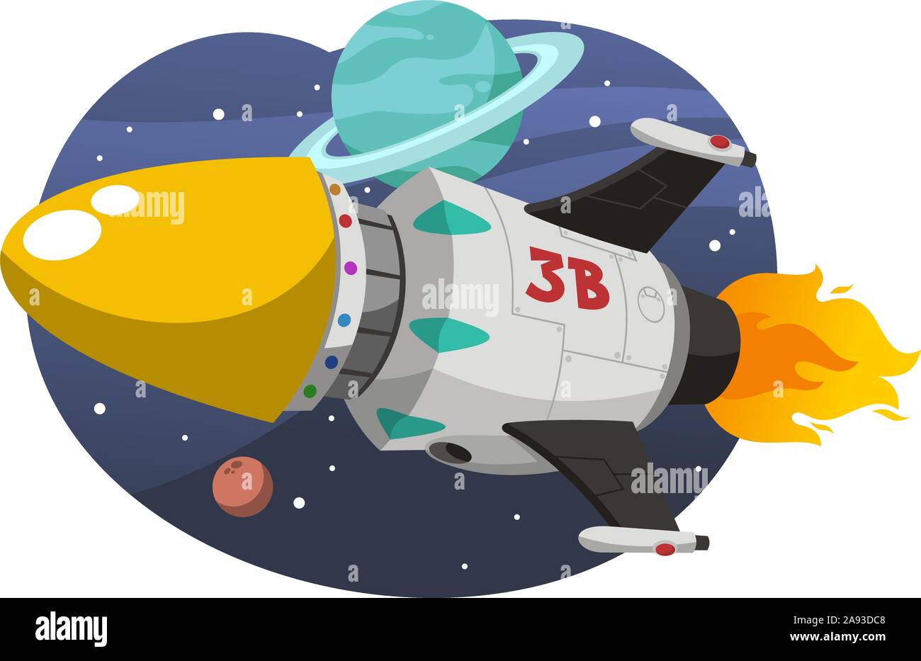 Raumschiff Raumschiff Space Exploration mit Saturn und Sterne, Vector Illustration Cartoon. Stock Vektor