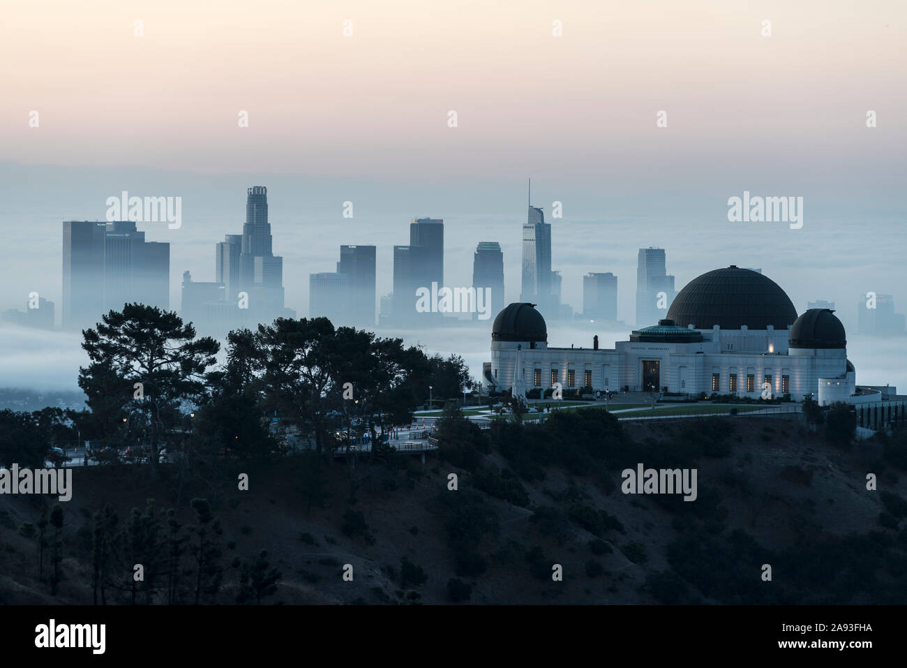 Los Angeles, Kalifornien, USA - 10. November 2019: Nebel am frühen Morgen Blick auf die Innenstadt von Los Angeles und das Griffith Park Observatorium. Stockfoto