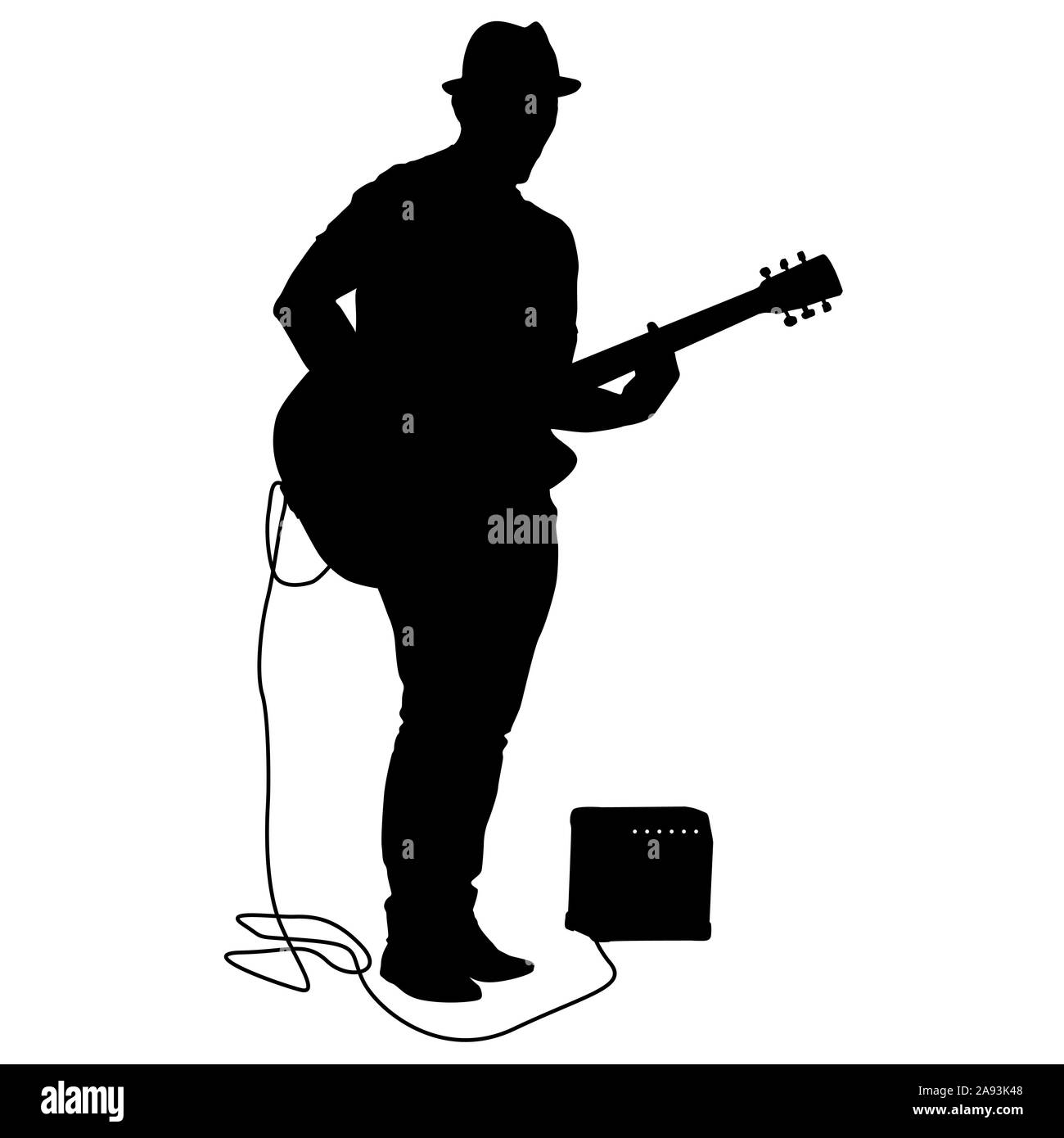 Silhouette Musiker spielt Gitarre auf einem weißen Hintergrund. Stockfoto