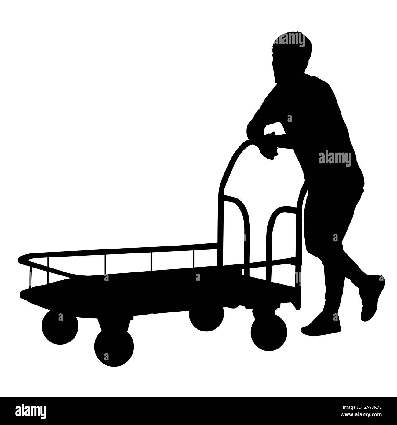 Schwarze silhouette harter Arbeiter drücken Schubkarren und Big Box auf weißem Hintergrund. Stockfoto