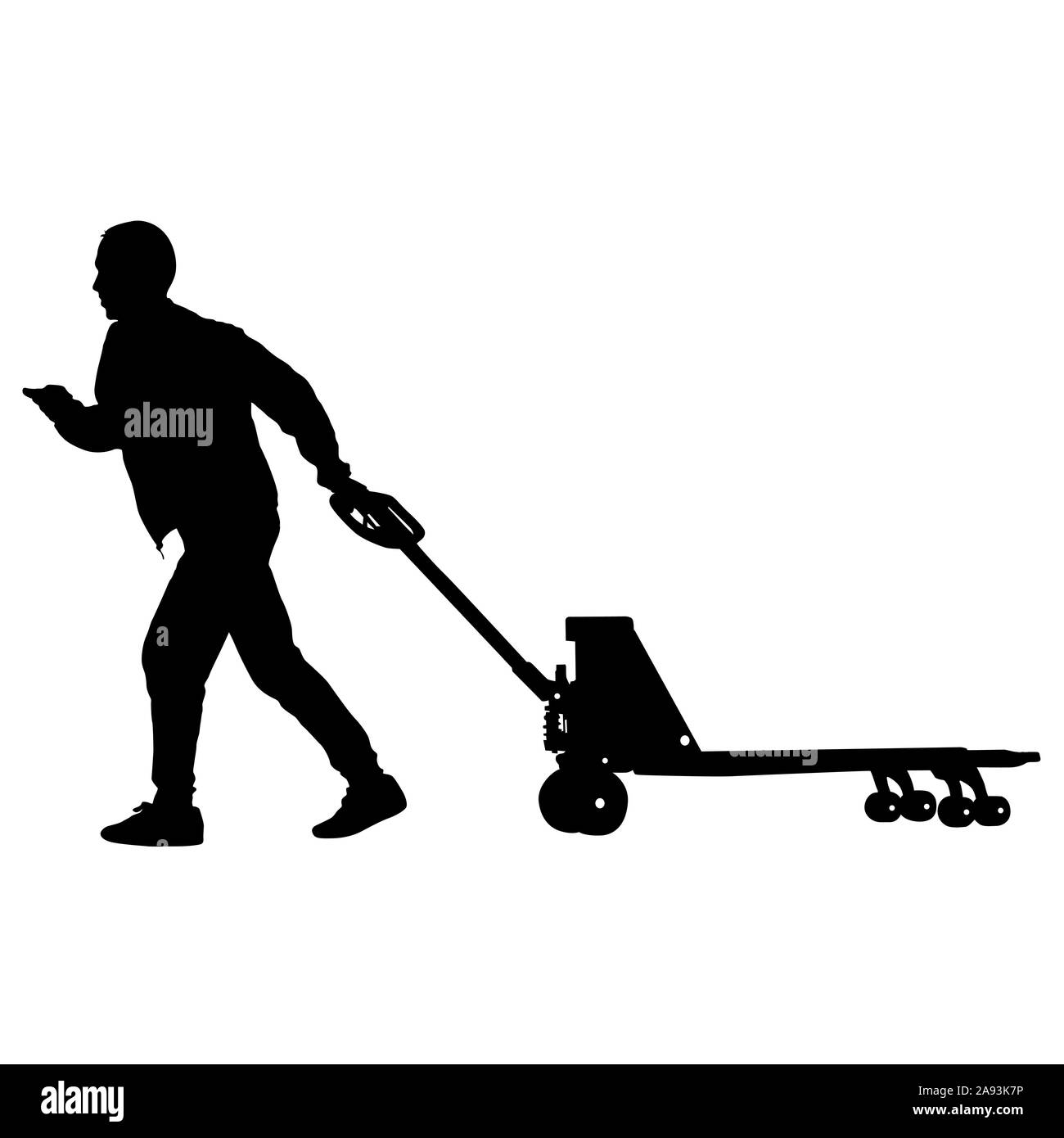 Schwarze silhouette harter Arbeiter drücken Schubkarren und Big Box auf weißem Hintergrund. Stockfoto