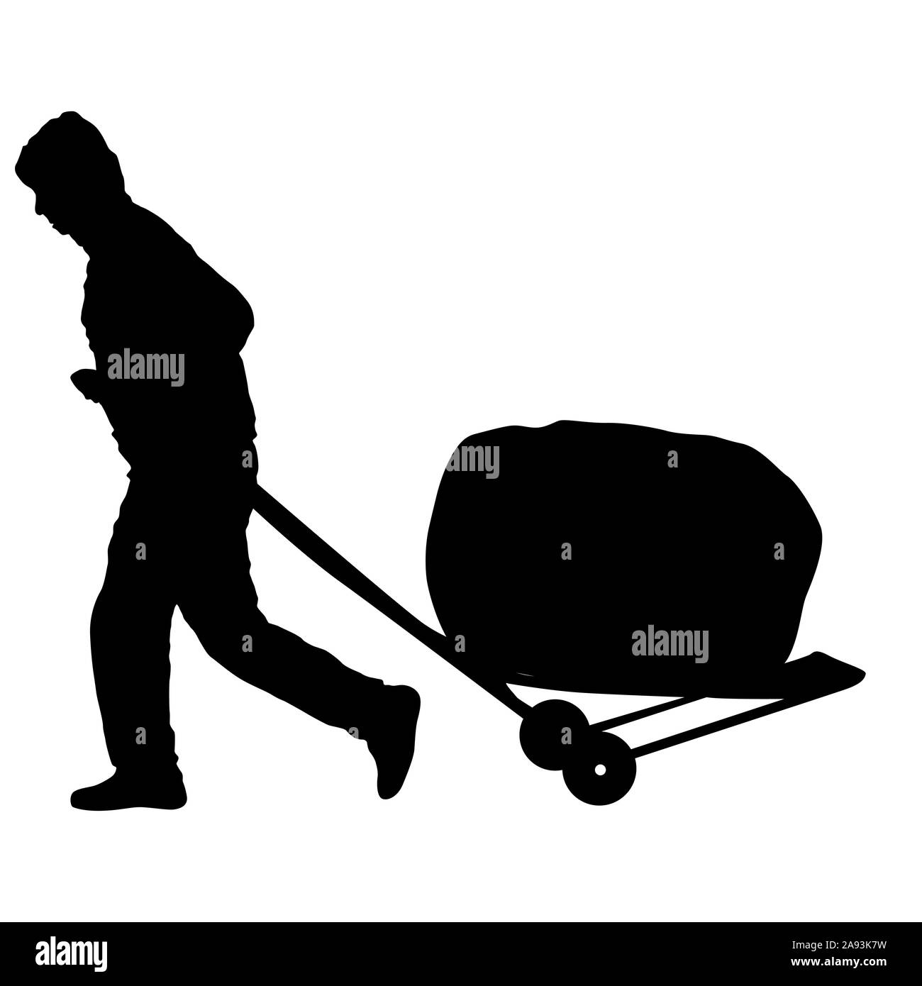 Schwarze silhouette harter Arbeiter drücken Schubkarren und Big Box auf weißem Hintergrund. Stockfoto