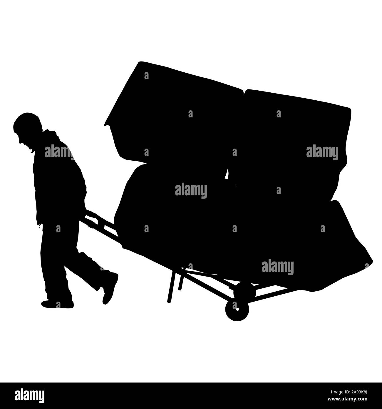 Schwarze silhouette harter Arbeiter drücken Schubkarren und Big Box auf weißem Hintergrund. Stockfoto