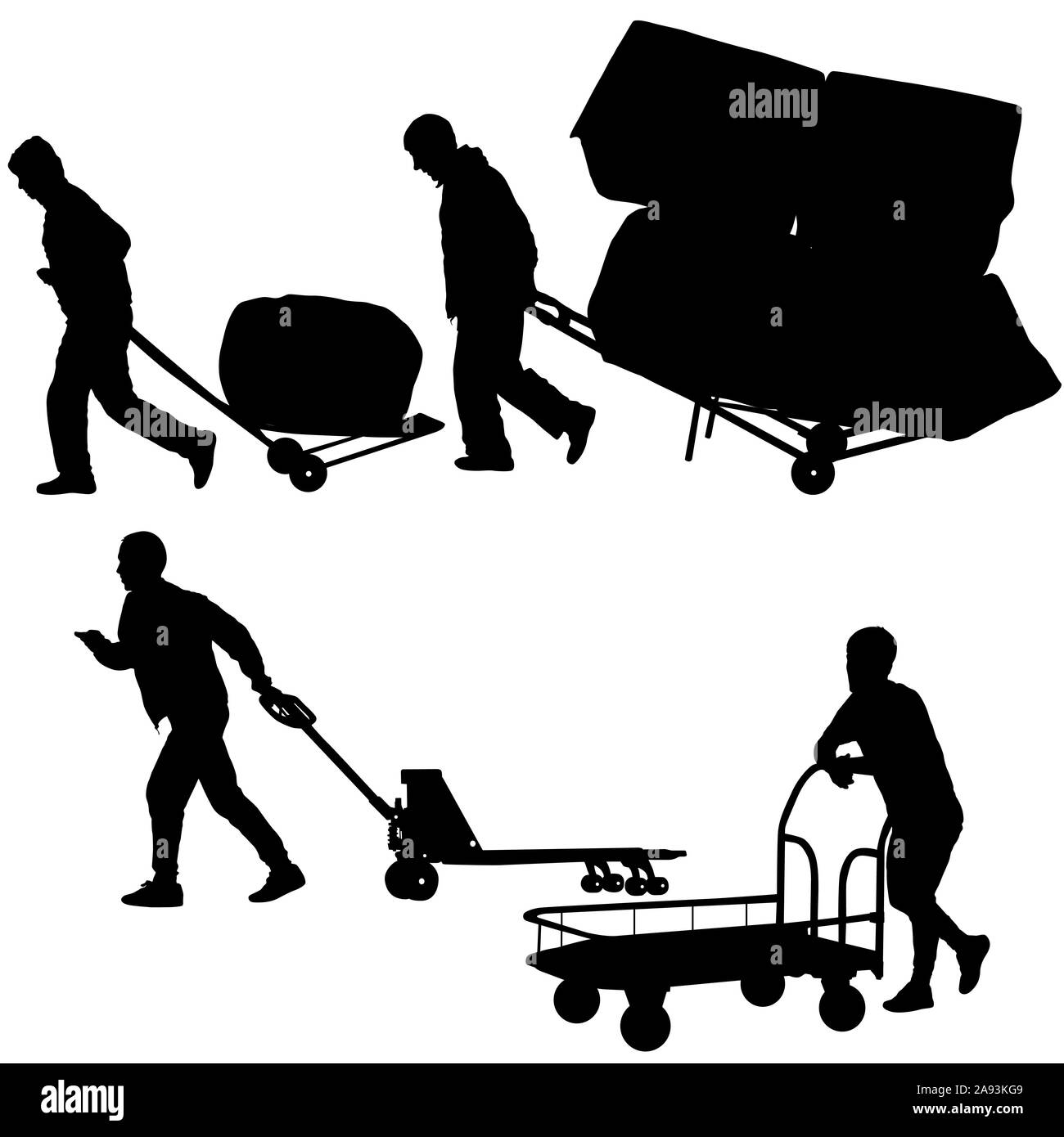 Schwarzer silhouette harter Arbeiter drücken Schubkarren und Big Box auf weißem Hintergrund. Stockfoto