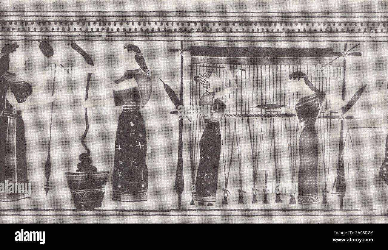 Eine Szene aus einem alten griechischen Vase des 6 Jahrhunderts B.C. Darstellung griechische Frauen bei der Arbeit auf ihre eigenen Methoden der Spinnen und Weben. Stockfoto