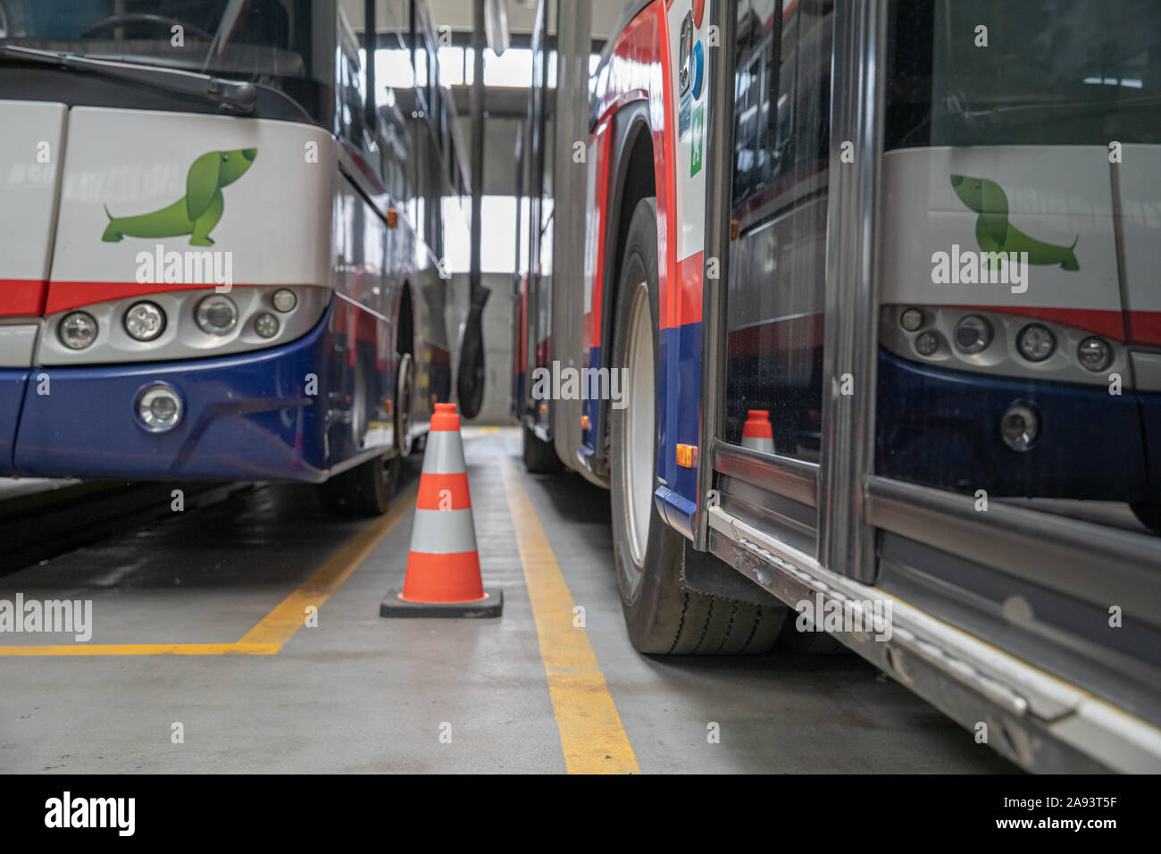 Busse und Straßenbahnen im Depot für Wartung und Vorbereitung für das Fahren in der Stadt Stockfoto