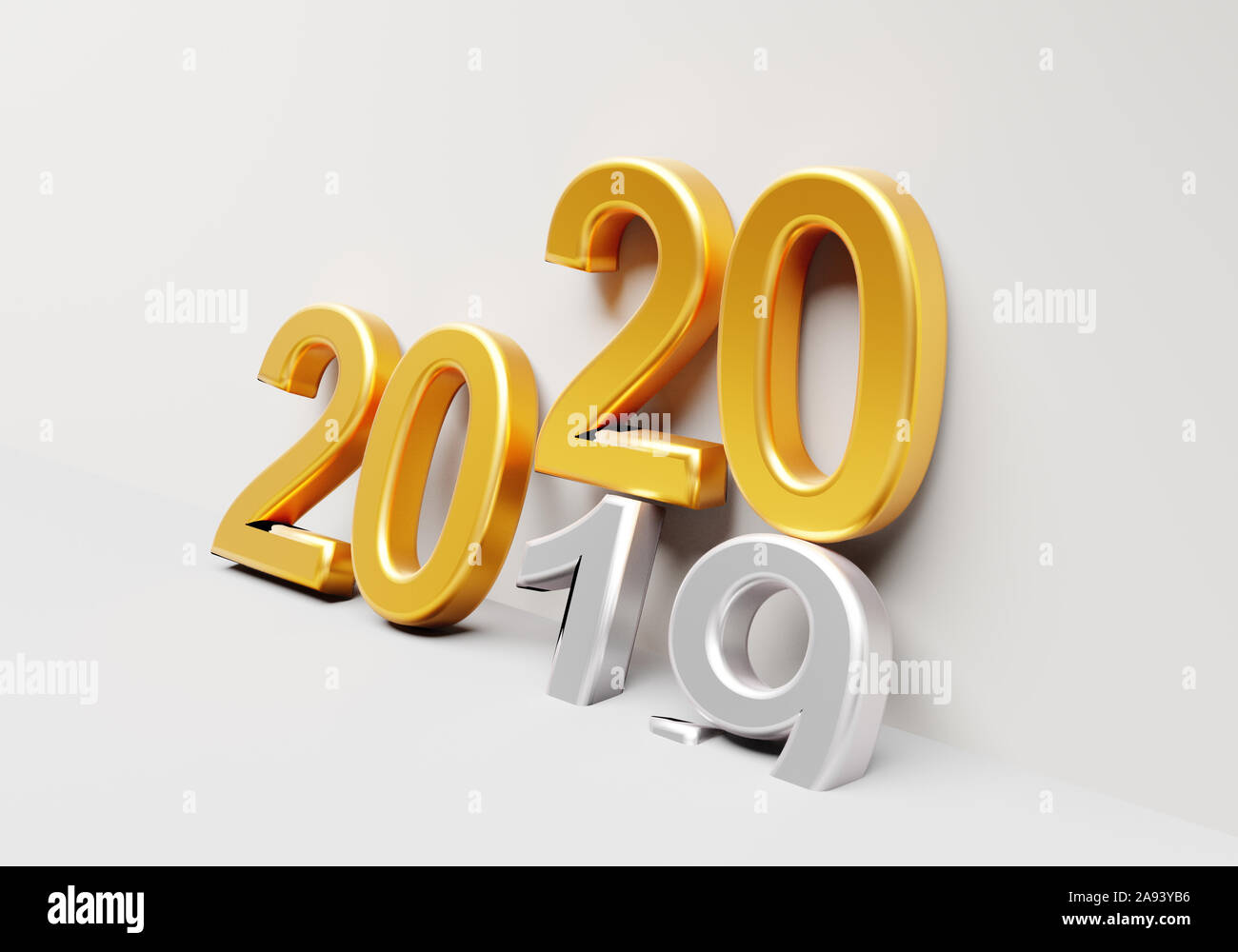 Goldene Zahl der Neuen Jahr 2020 Über die grauen alten 2019 auf weißem Hintergrund. 3D-Rendering Stockfoto