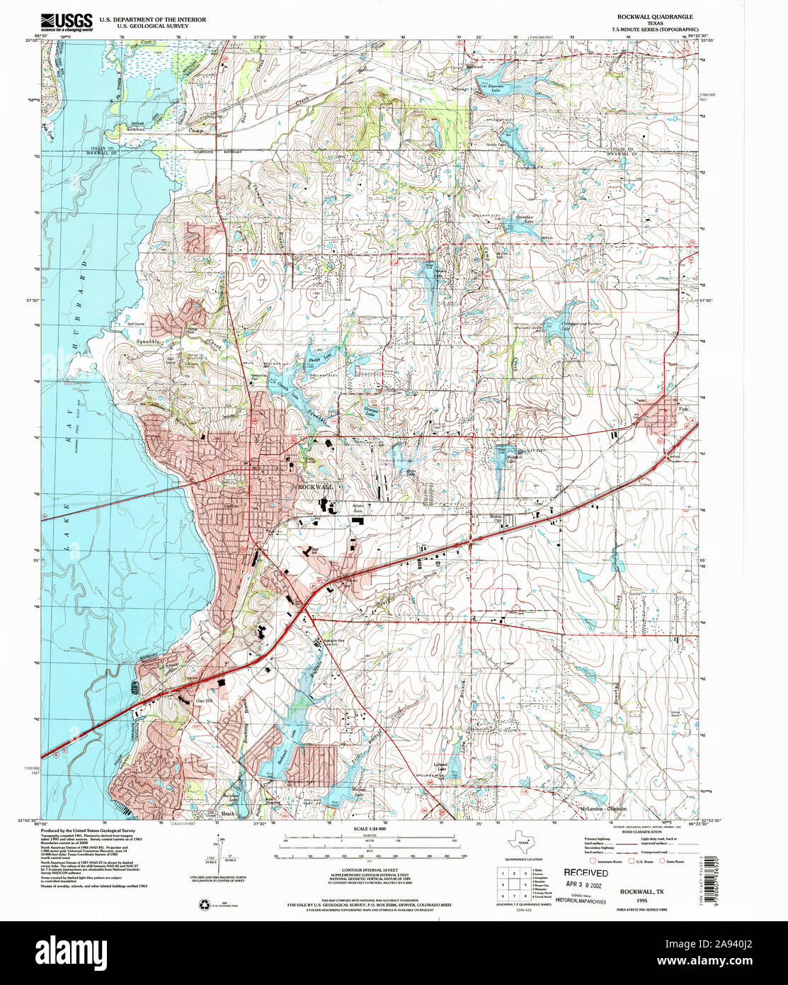USGS TOPO Karte Texas TX Rockwall 117617 1995 24000 Wiederherstellung Stockfoto