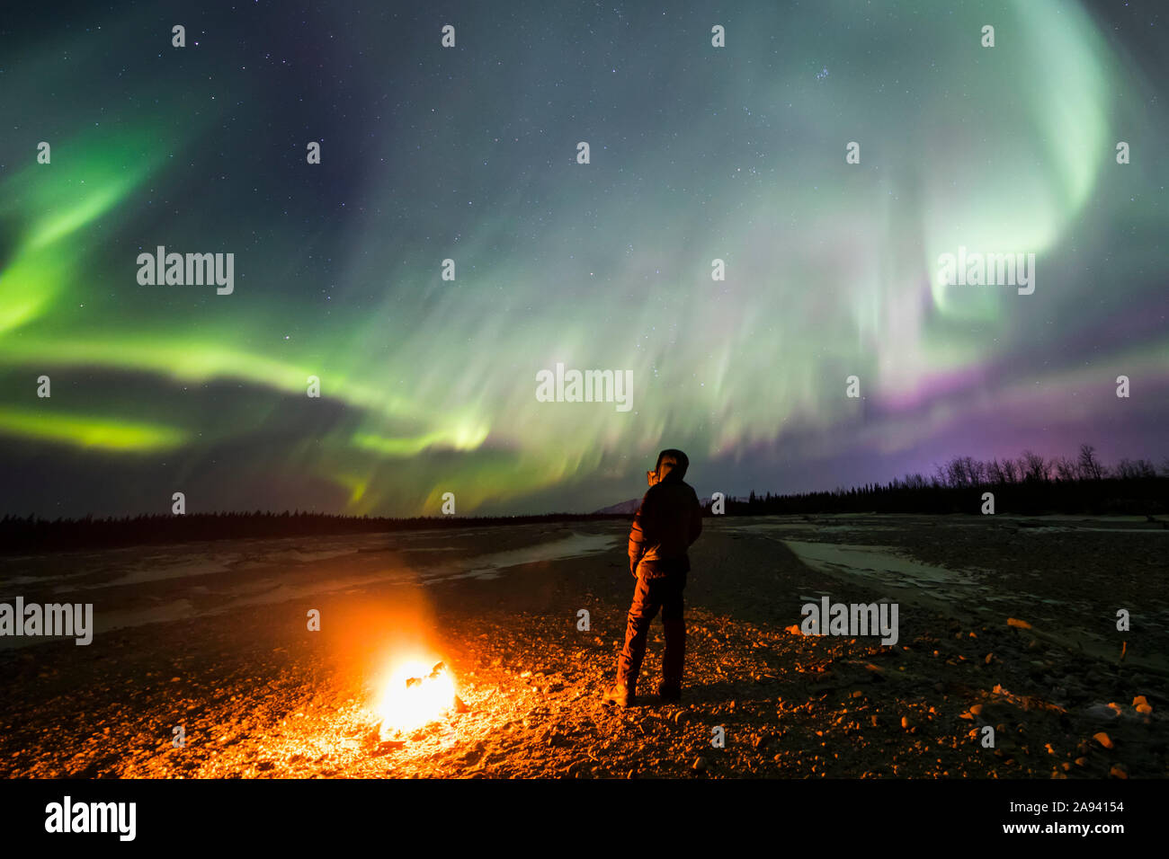 Beobachten der aurora borealis neben einem Lagerfeuer auf Jarvis Creek in Delta Junction; Alaska, Vereinigte Staaten von Amerika Stockfoto