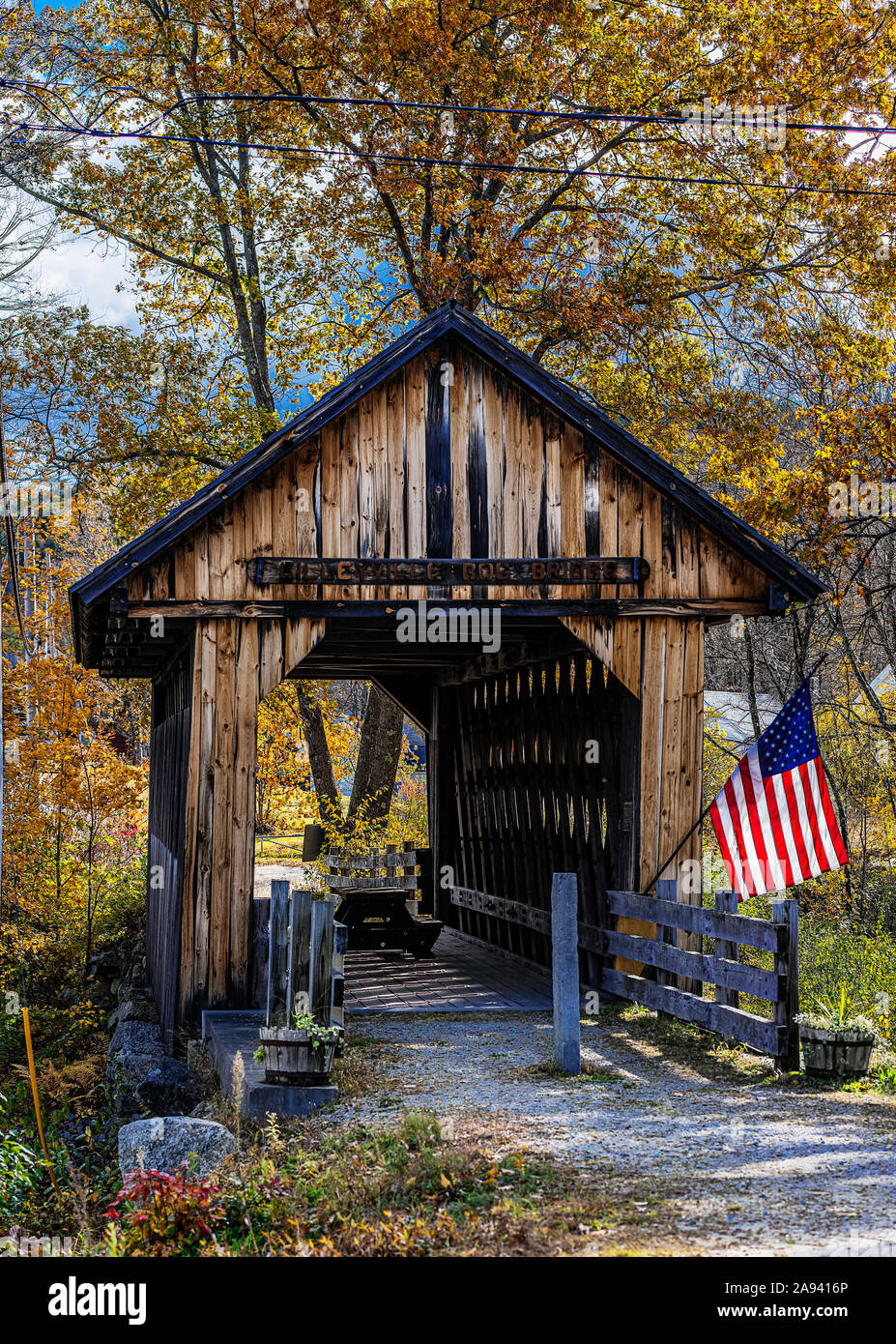Die cilleyville Bog Covered Bridge, Andover, New Hampshire, USA. Stockfoto