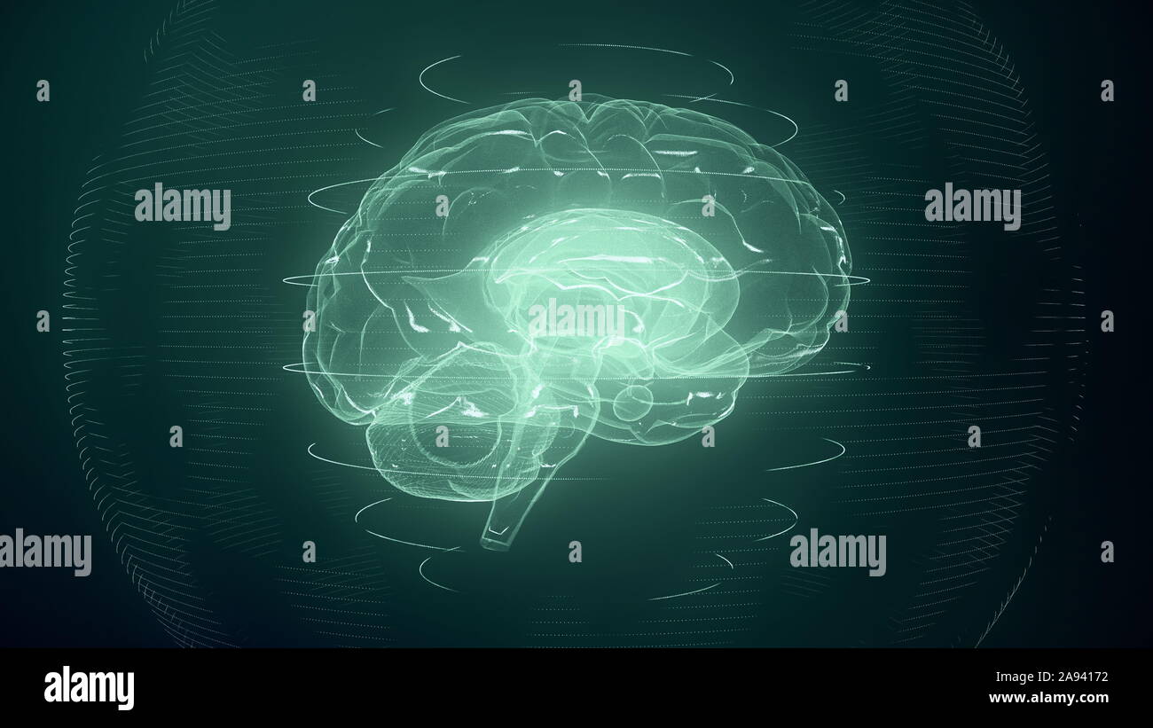 Futuristische blaue digitale Gehirn. Neuronen Feuern in MRT-Scan Stockfoto