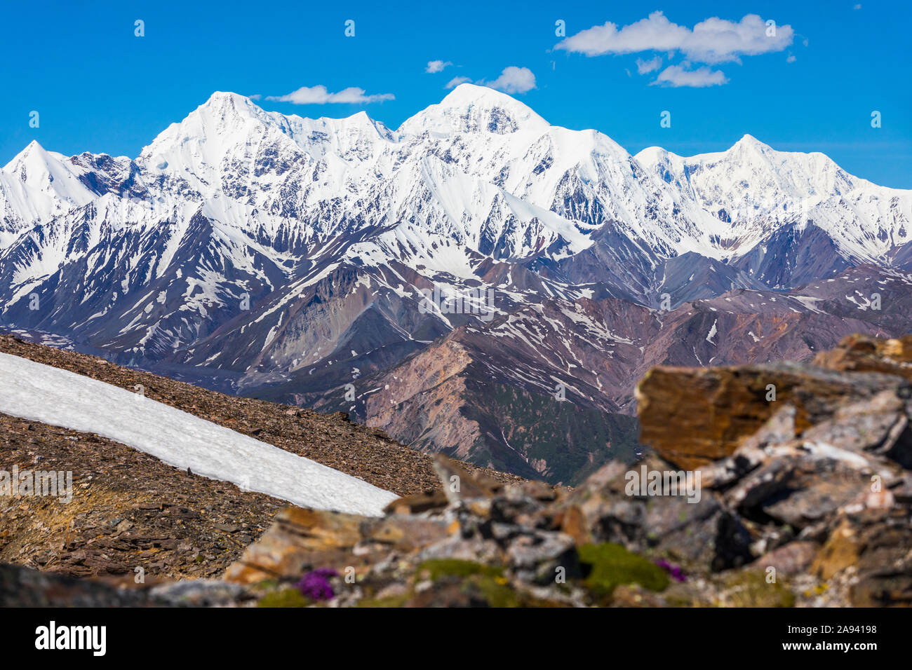 Sommeransicht von McGinnis Peak (links), Mount Moffit (Mitte) und Mount Hayes (rechts) in der östlichen Alaska Range; Alaska, Vereinigte Staaten von Amerika Stockfoto