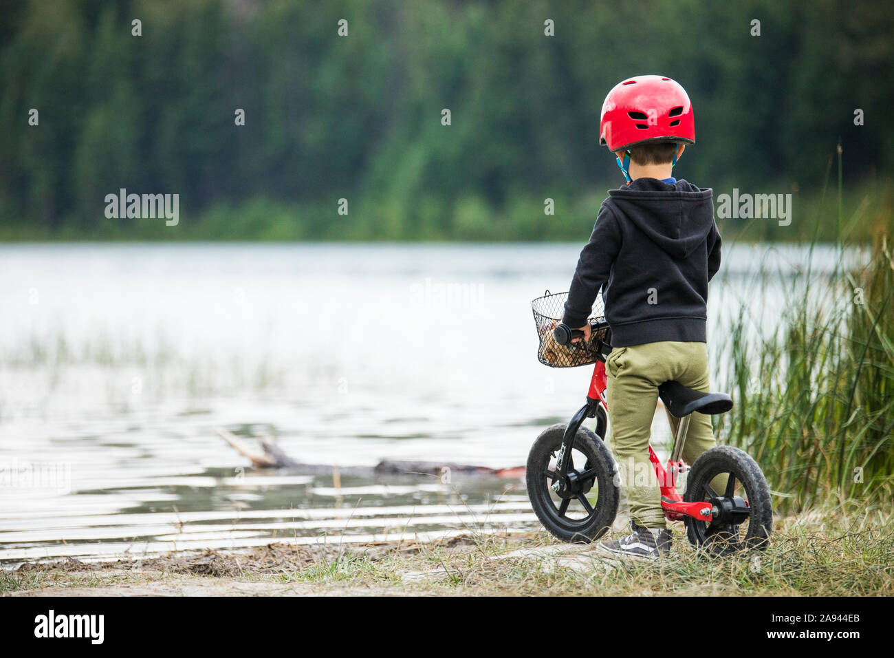 Ansicht der Rückseite des Jungen auf dem Fahrrad mit Blick auf den See. Stockfoto