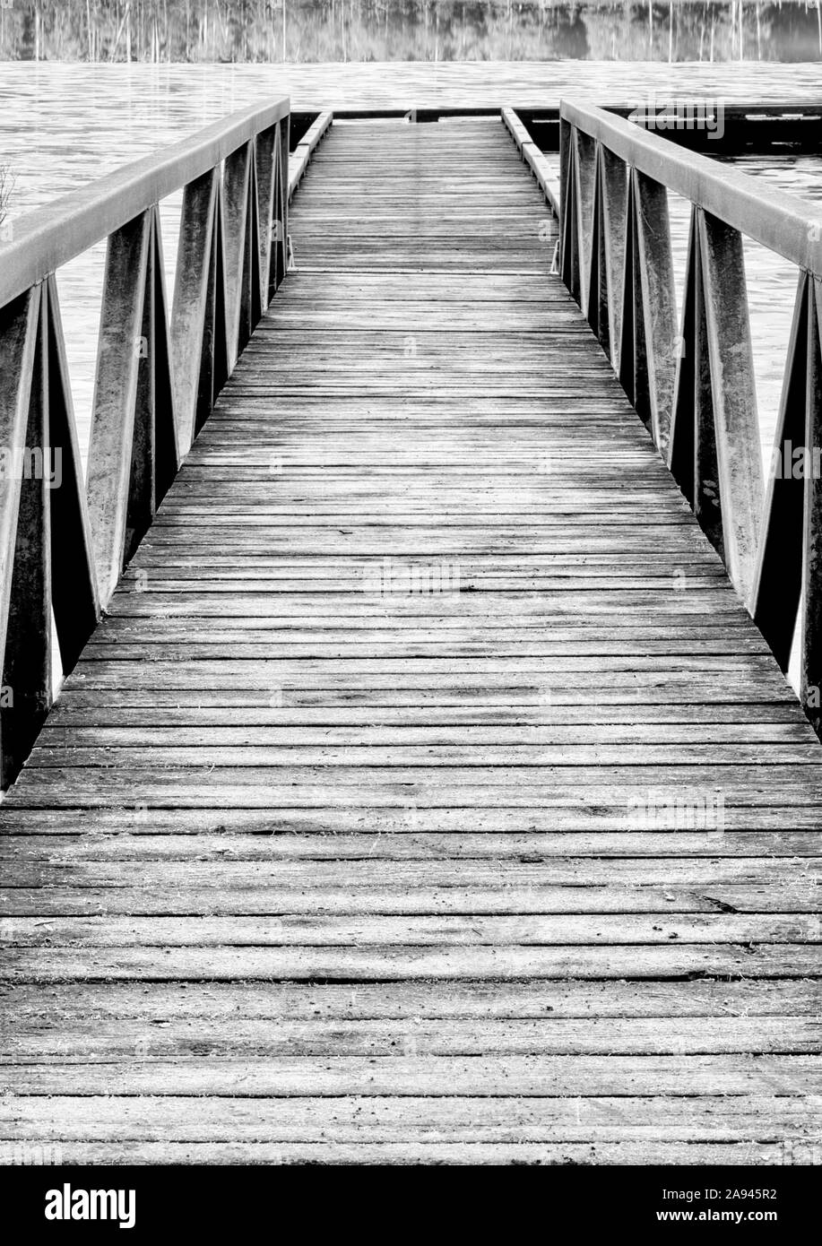 Schwarz und weiß von einem hölzernen Dock, das zu einem gefrorenen See führt; British Columbia, Kanada Stockfoto