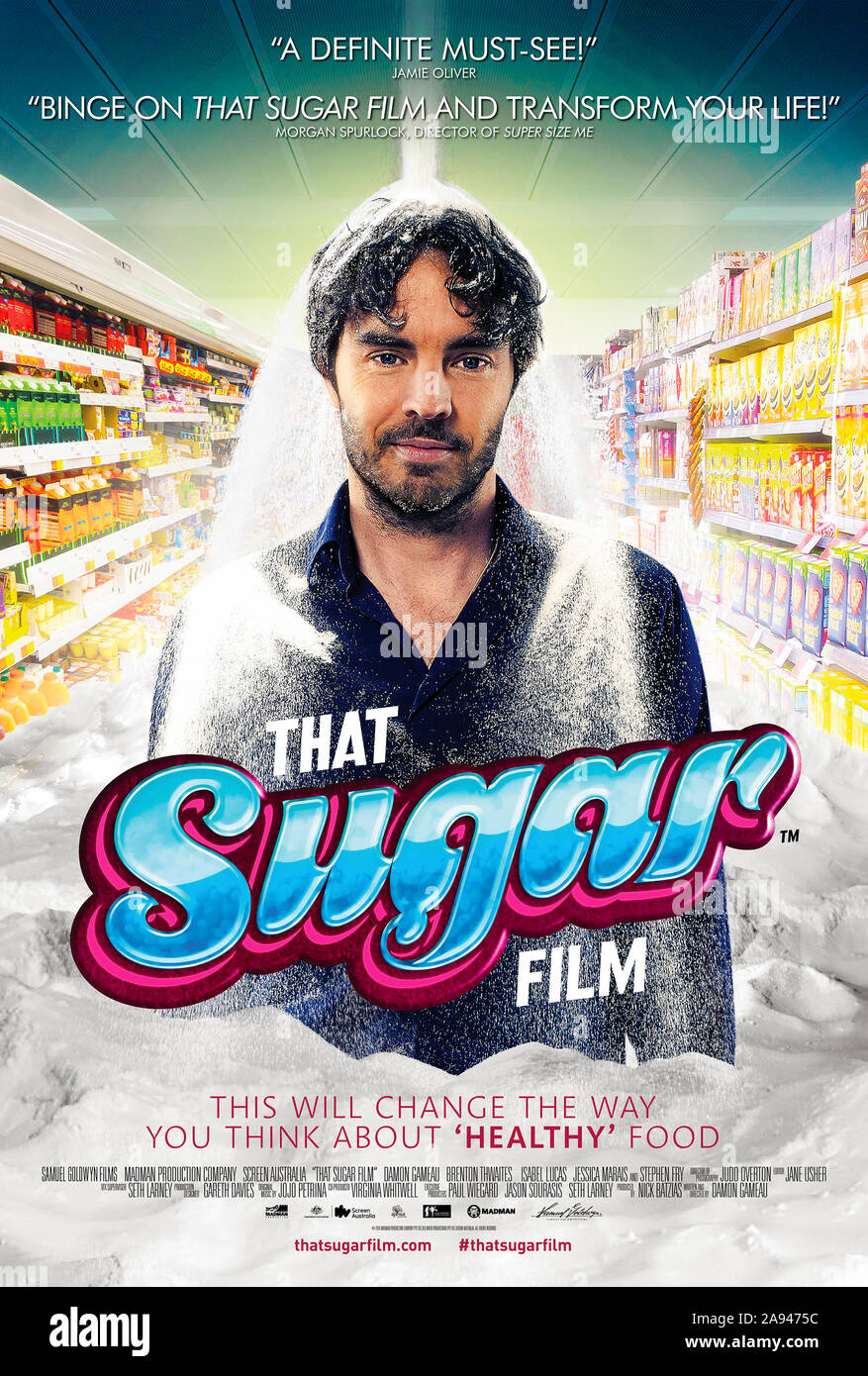 Dass Zucker Film (2014) unter der Regie von Damon Gameau und Hauptdarsteller Damon Gameau, Hugh Jackman, und Milla Bakaitis. Australische Dokumentarfilm über die Wahrheit über Zucker und der Zuckerindustrie. Stockfoto