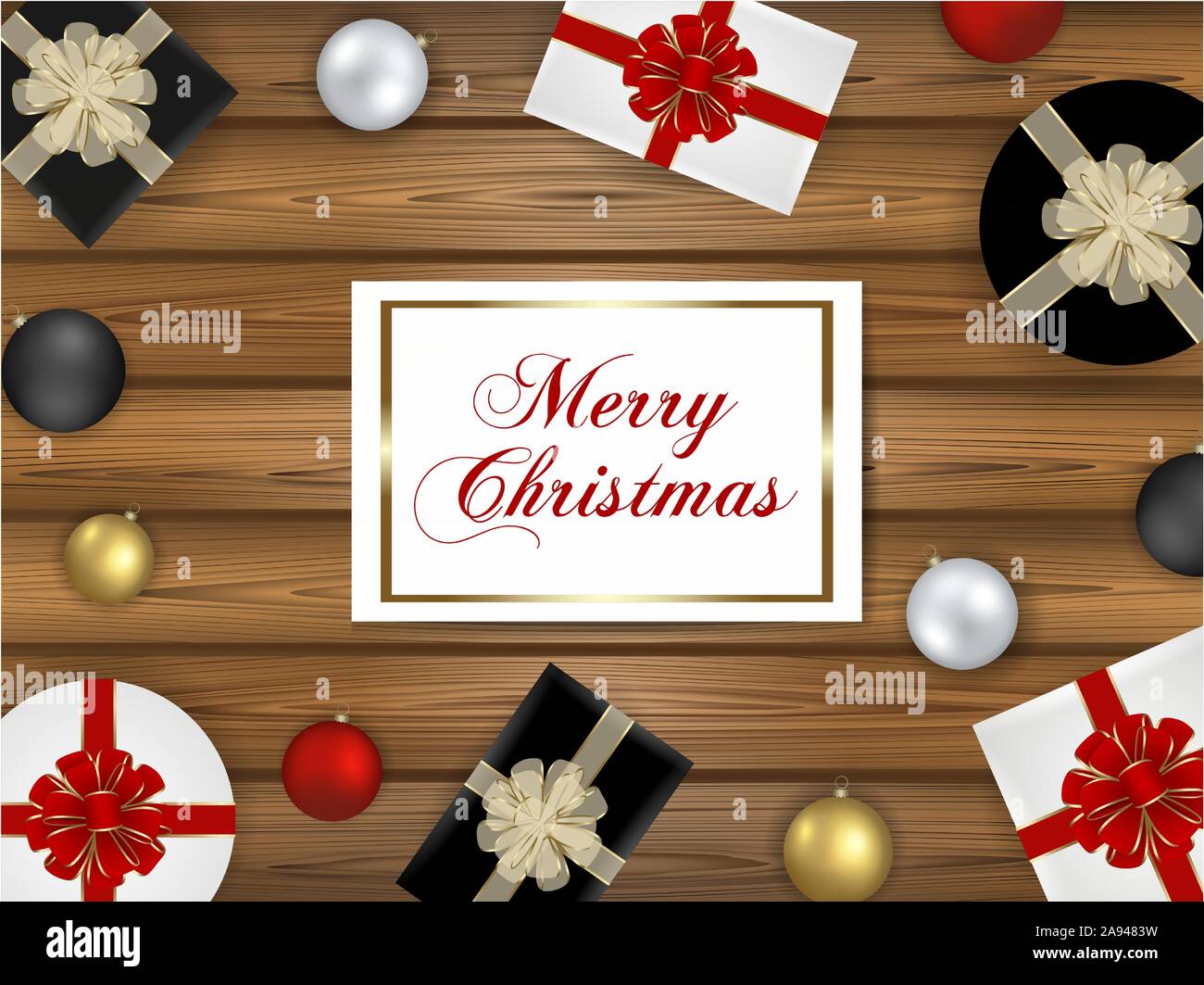 Weihnachten Abbildung mit Holz- Hintergrund, Geschenkboxen, Weihnachtskugeln und Grußkarte Stock Vektor