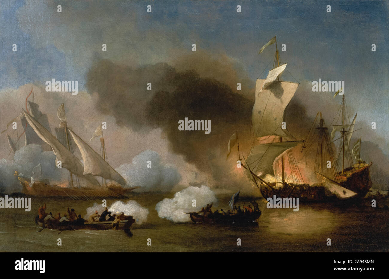 Eine Aktion aus dem Barbary Coast mit Küchen und englische Schiff 1695 von William Van de Velde der Jüngere (1633-1707) Holländische Marine Maler, ein Pirat Bordküche und Boarding party Angreifen eines englischen Handel Schiff aus Nordafrika. Stockfoto