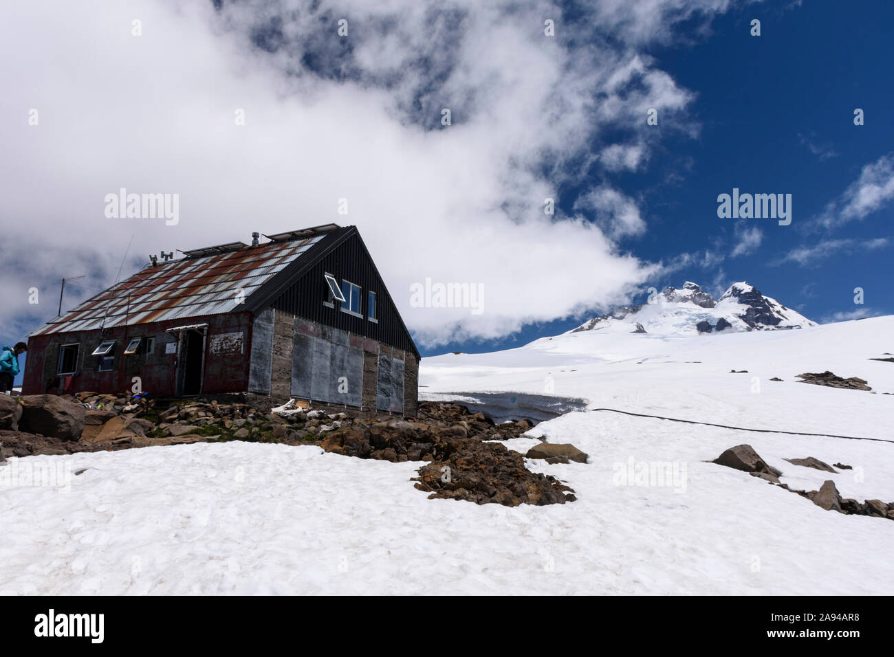 Querformat von Otto Meiling Flüchtling gegen Mount Tronador in Pampa Linda, Nahuel Huapi Nationalpark, Bariloche, Patagonia, Argentinien Stockfoto