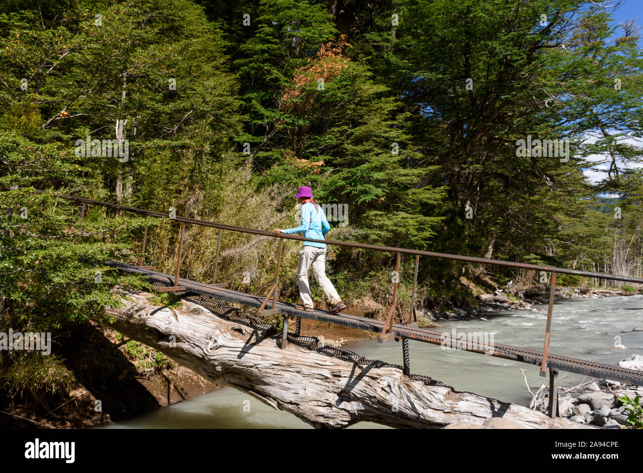 Szene einer Frau beim Überqueren einer Metall Brücke über einem alten Baumstamm in der Pampa Linda, Nahuel Huapi Nationalpark, Bariloche, Patagonia, Argentinien Stockfoto