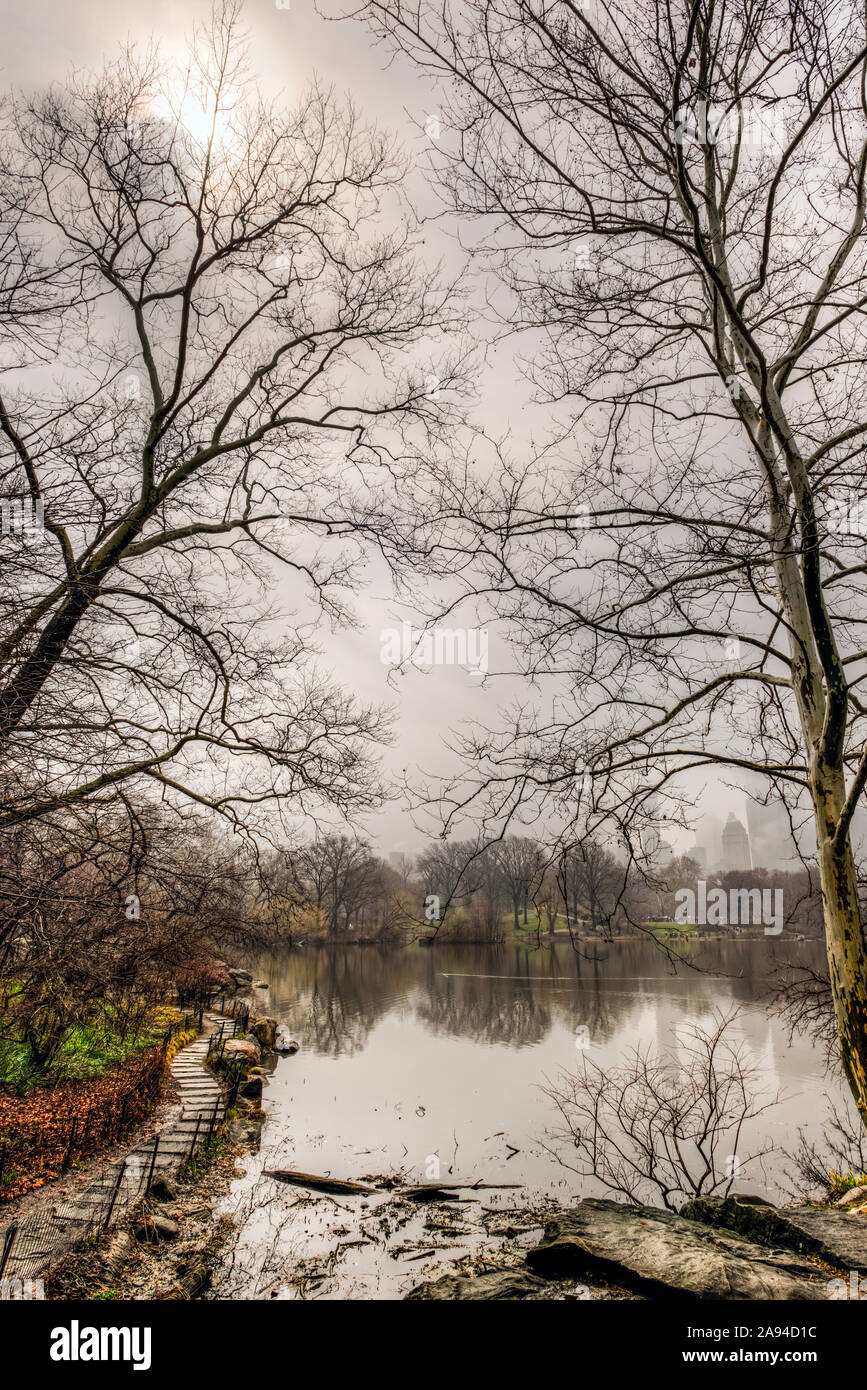 Nebelschwaden über dem See im Central Park; New York City, New York, Vereinigte Staaten von Amerika Stockfoto