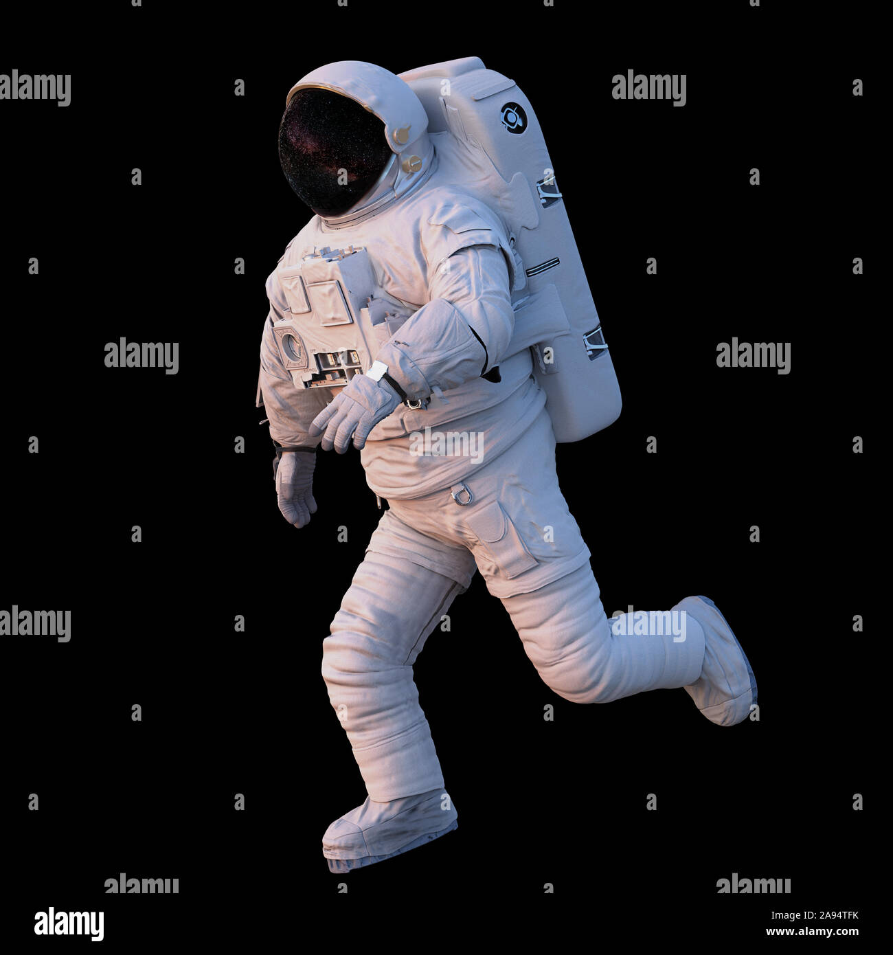 Ausführen von Astronauten, auf schwarzem Hintergrund Stockfoto