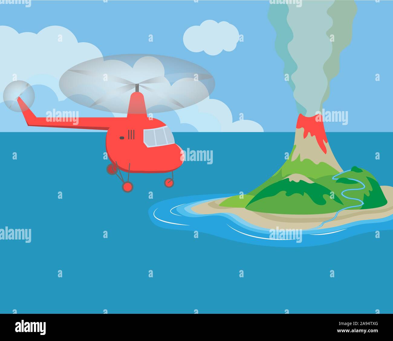 Eine Insel mit einem ausbrechenden Vulkan in den Ozean. Hubschrauber fliegen über die Insel. Vector Illustration. Stock Vektor