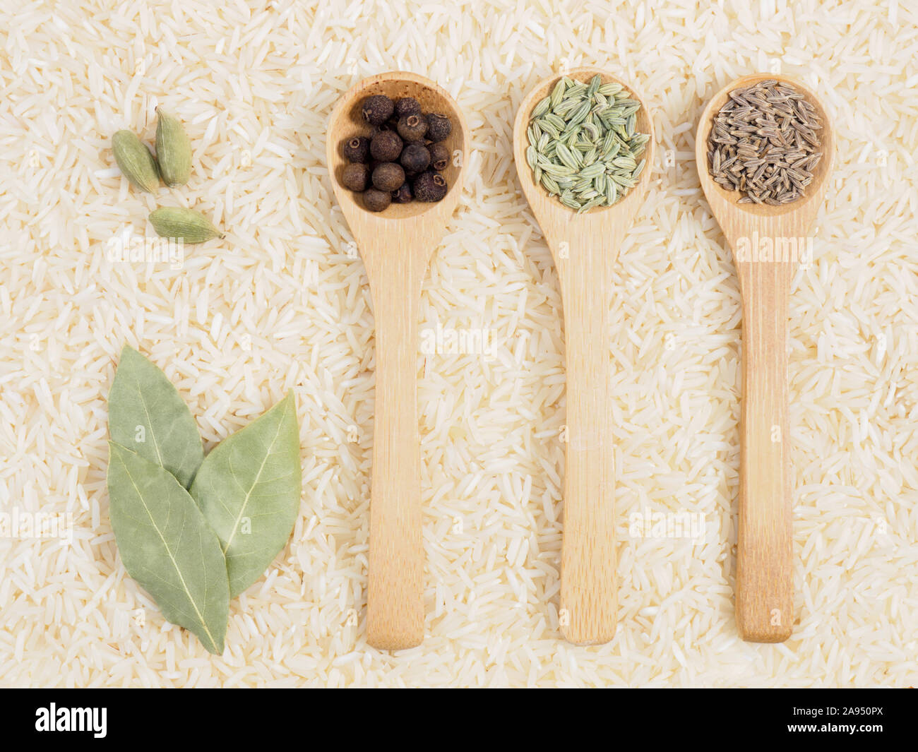 Gewürze in Löffel auf dem Hintergrund von Basmati-reis - Grün, Kardamom, Piment, Fenchel, Kreuzkümmel. Indische Küche Zutaten Stockfoto