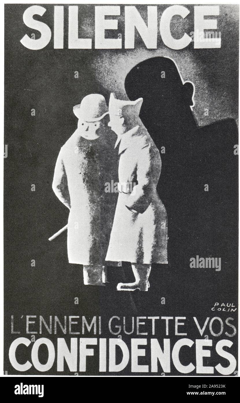 Affiche : le silence est d'Or.drole de guerre.automne 1939.Une affiche du desinateur Paul Colin invite militaires et civils à la discretion Stockfoto