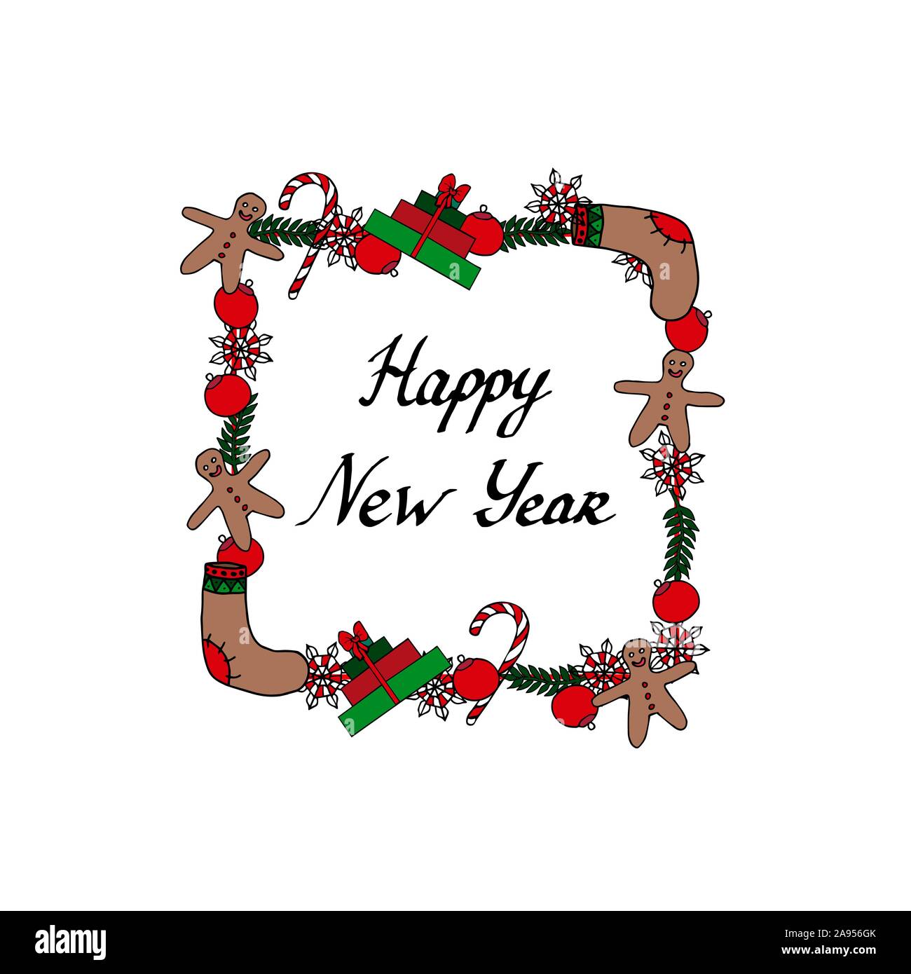 Frohes Neues Jahr frame Vorlage. Hand Skizzen auf weißem Hintergrund. Vorlage kann für Weihnachten und Neujahr Grußkarten, Poster, Flyer, Banner, Logo etc. Vector Illustration. EPS 10. Stock Vektor