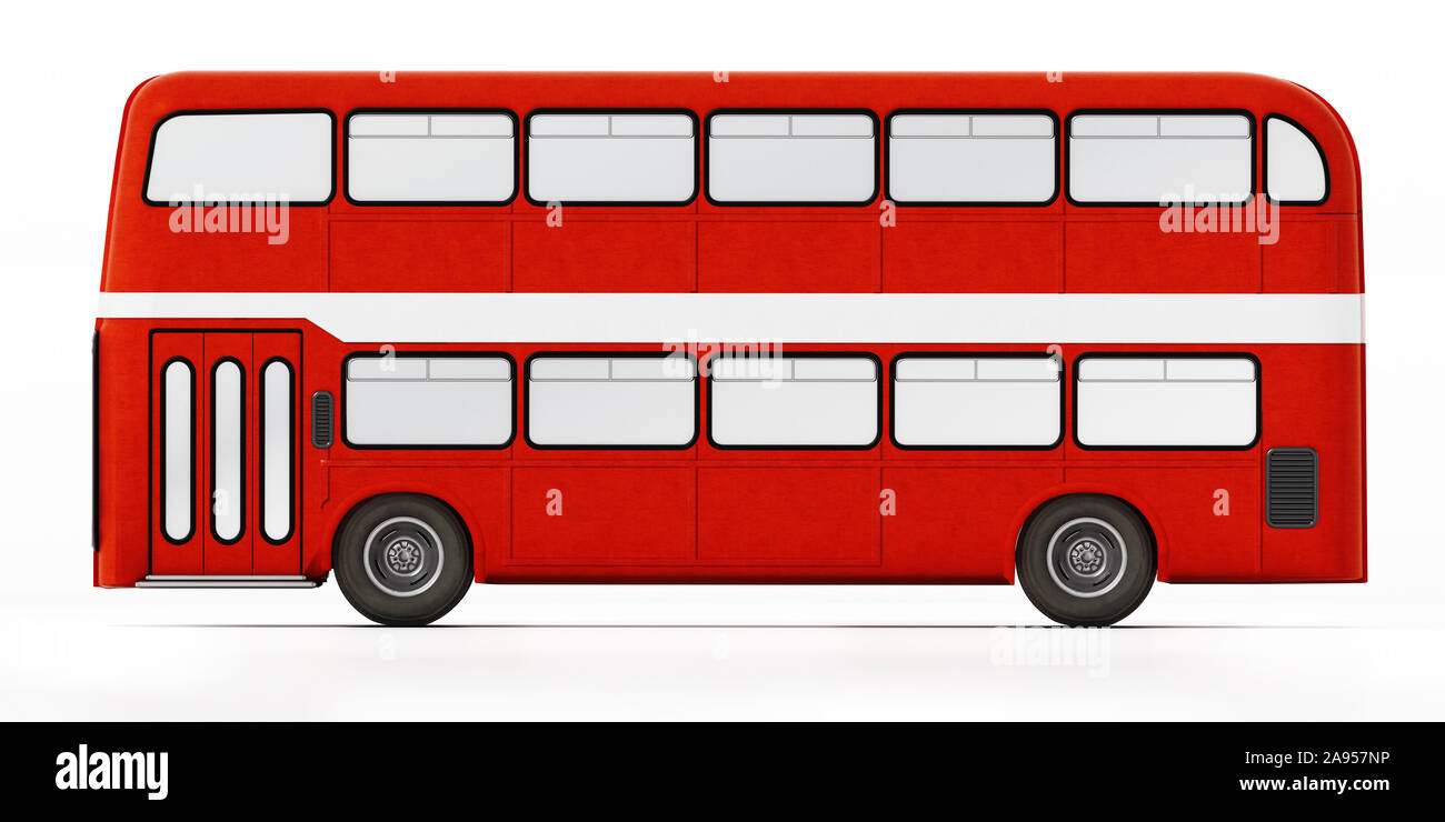 Rote Doppeldeckerbus auf weißem Hintergrund. 3D-Darstellung. Stockfoto