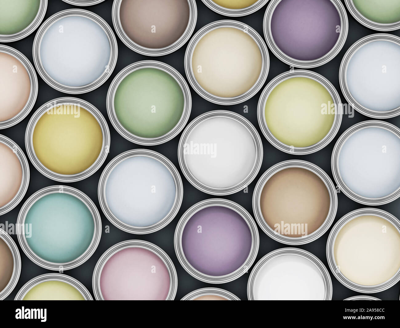 Paint Cans voll mit zarten Pastelltönen. 3D-Darstellung. Stockfoto