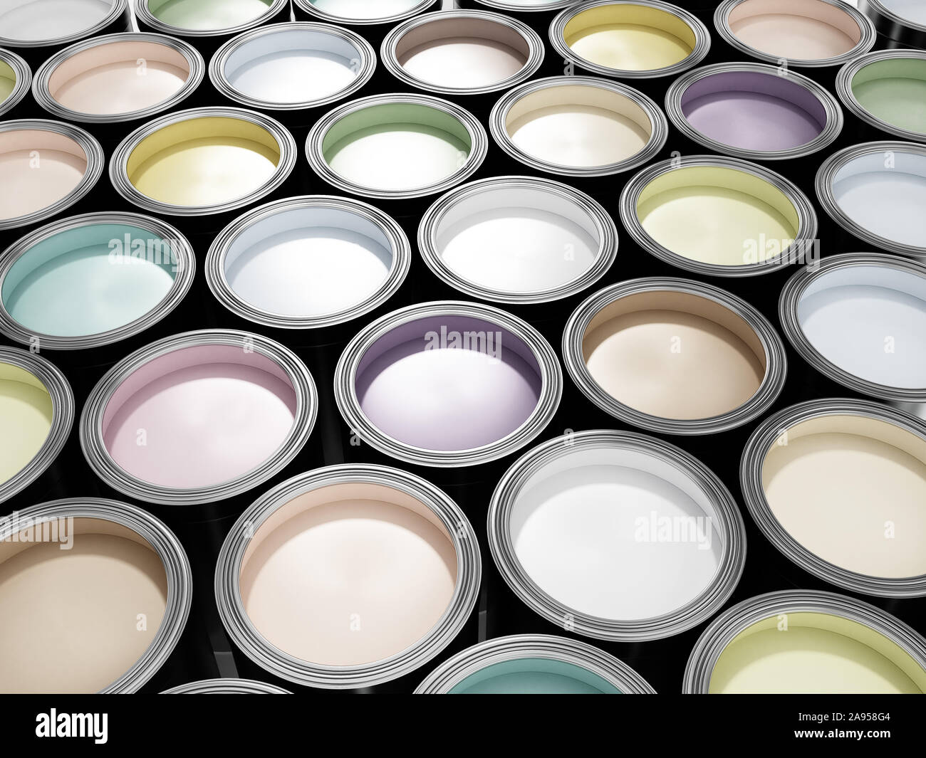 Paint Cans voll mit zarten Pastelltönen. 3D-Darstellung. Stockfoto