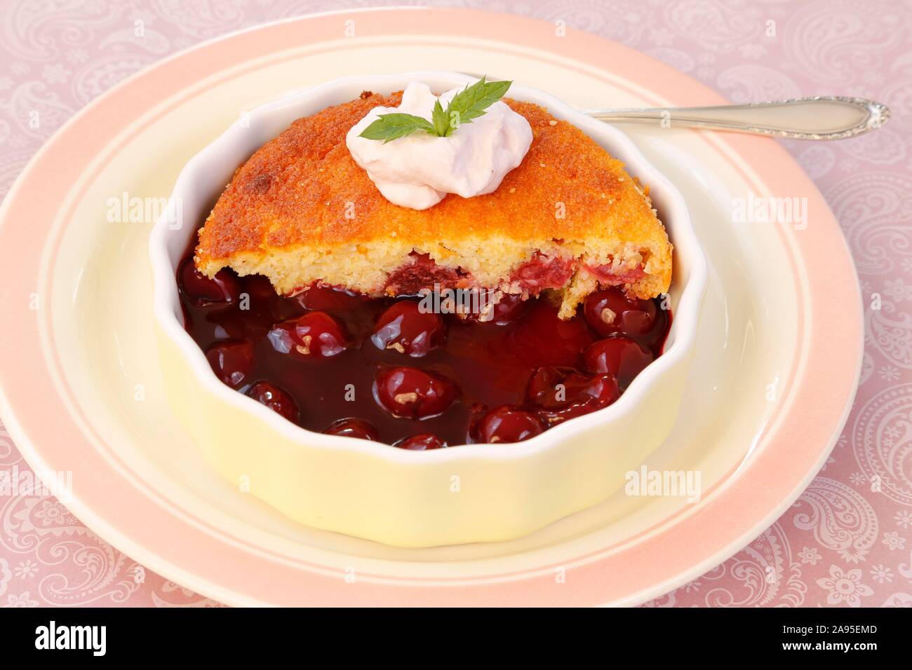Schwäbische Dessert, Cherry smiley, süß Biskuit mit Kirschen, Sahne, Backform, Platte, Deutschland Stockfoto