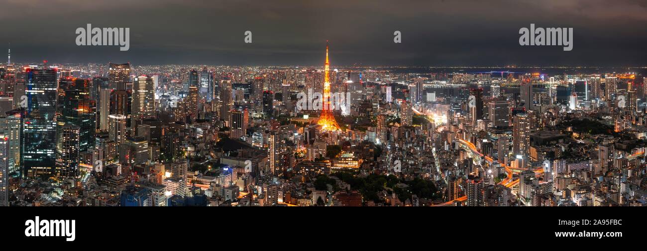 Blick von der Roppongi Hills, Blick auf die Stadt von Tokio bei Nacht, Wolkenkratzer, Tokyo Tower, Tokyo, Japan Stockfoto