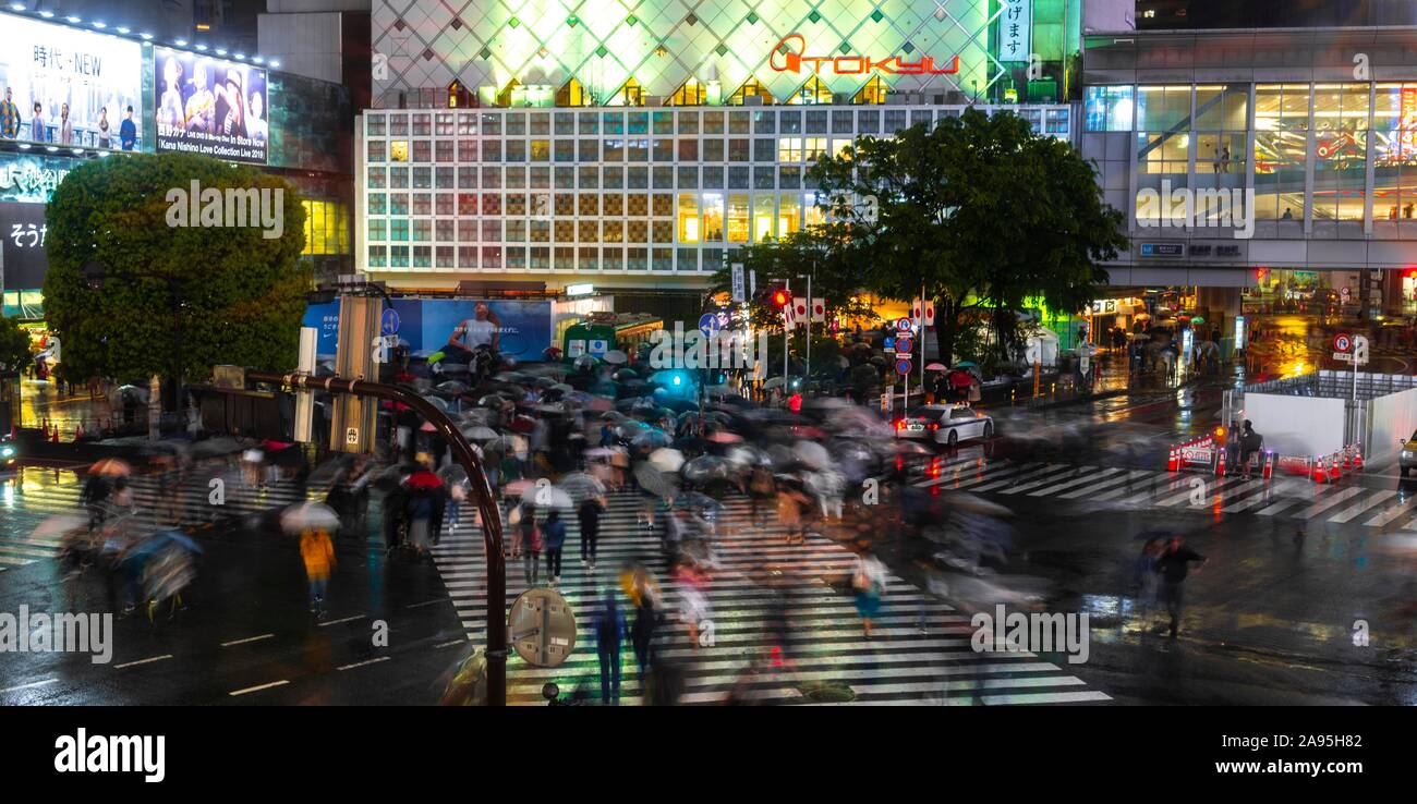Masse mit Sonnenschirmen auf Zebrastreifen nachts, Kreuzung Shibuya Crossing, Shibuya, Tokio, Japan Stockfoto
