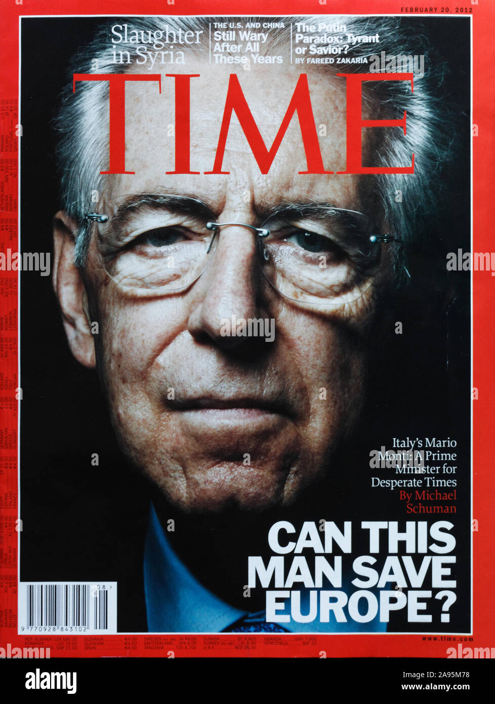 Time Magazine vordere Abdeckung, 20. Februar 2012 mit Mario Monti, dem ehemaligen italienischen Ministerpräsidenten Stockfoto